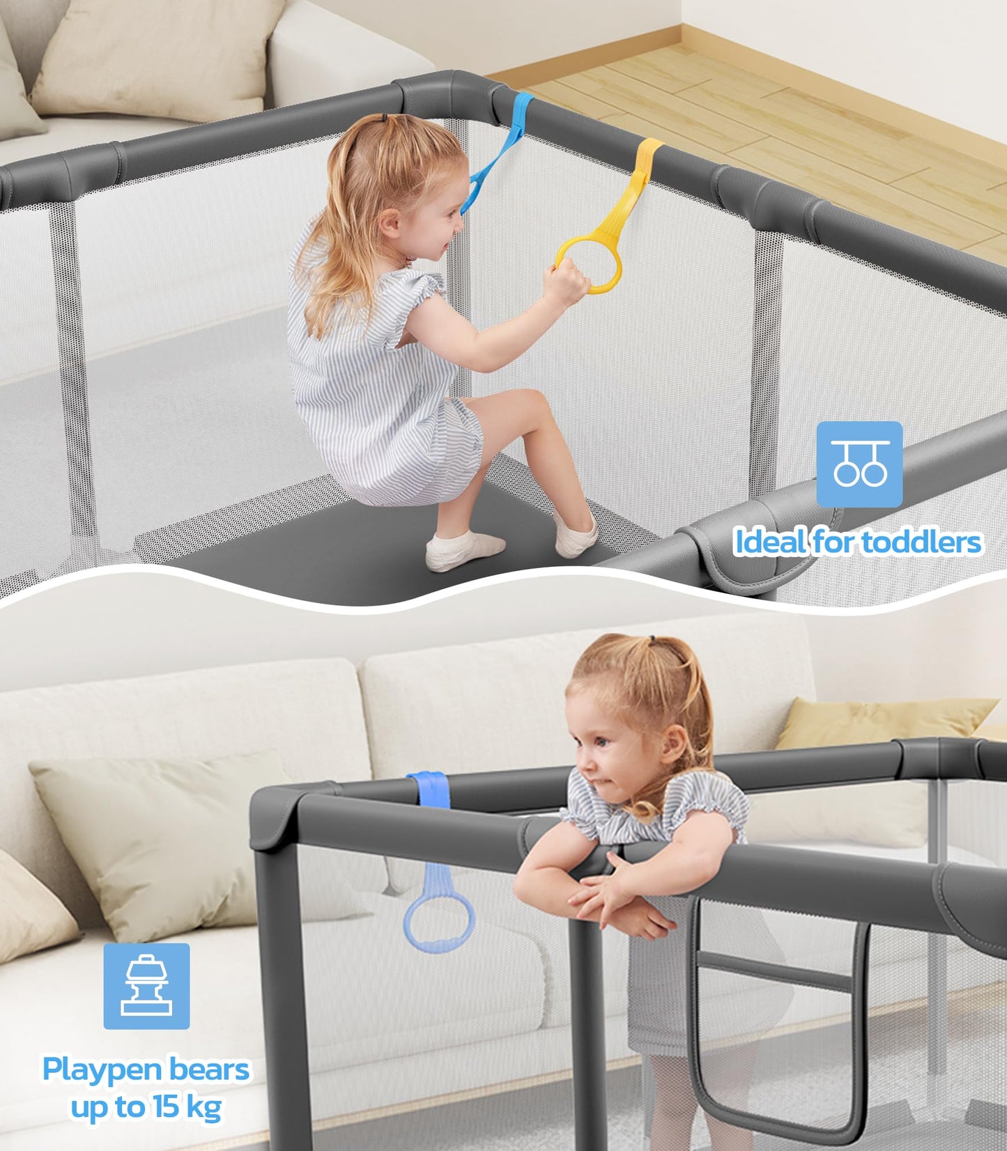 Dripex Baby Playpen, 47"x47" Small Playpen for Babies, Enhanced Safety Baby Play Yard for Indoor & Outdoor, Infant Play Pen with Soft Breathable Visible Mesh, Anti-Fall Design & Easy Setup, Grey