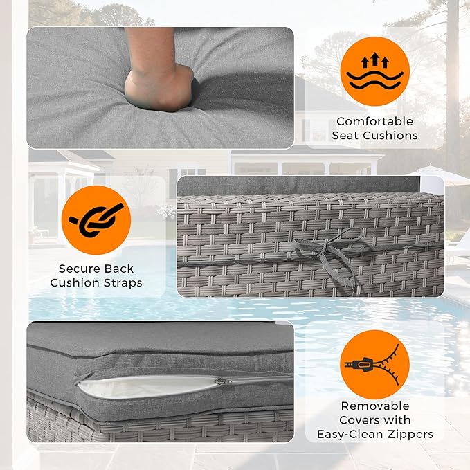 12-Seat Modern Outdoor Wicker Rattan Patio Furniture Set with 55,000 BTU Fire Pit Table, Thick 4″ Cushions, All-Weather Dual-Strand Rattan, Rust-Resistant Steel Frame,Gray