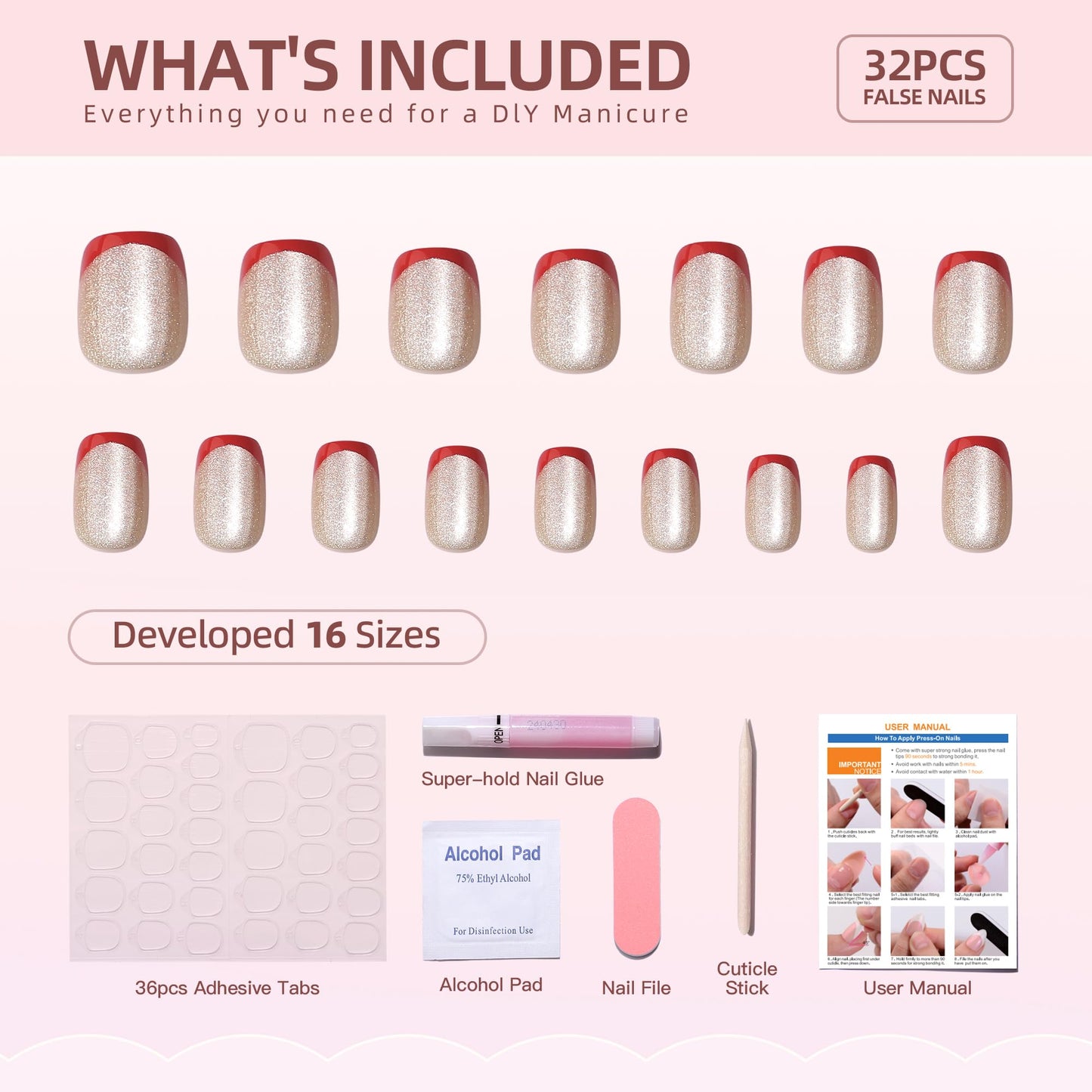 WAFOLOZE French Tip Press On Nails - Golden Cat's Eye Fake Nails with Red French Designs, Glue On Nails Short, Artificial Nails 16 Sizes - 32Pcs Reusable Soft Gel False Nails Tips Kit
