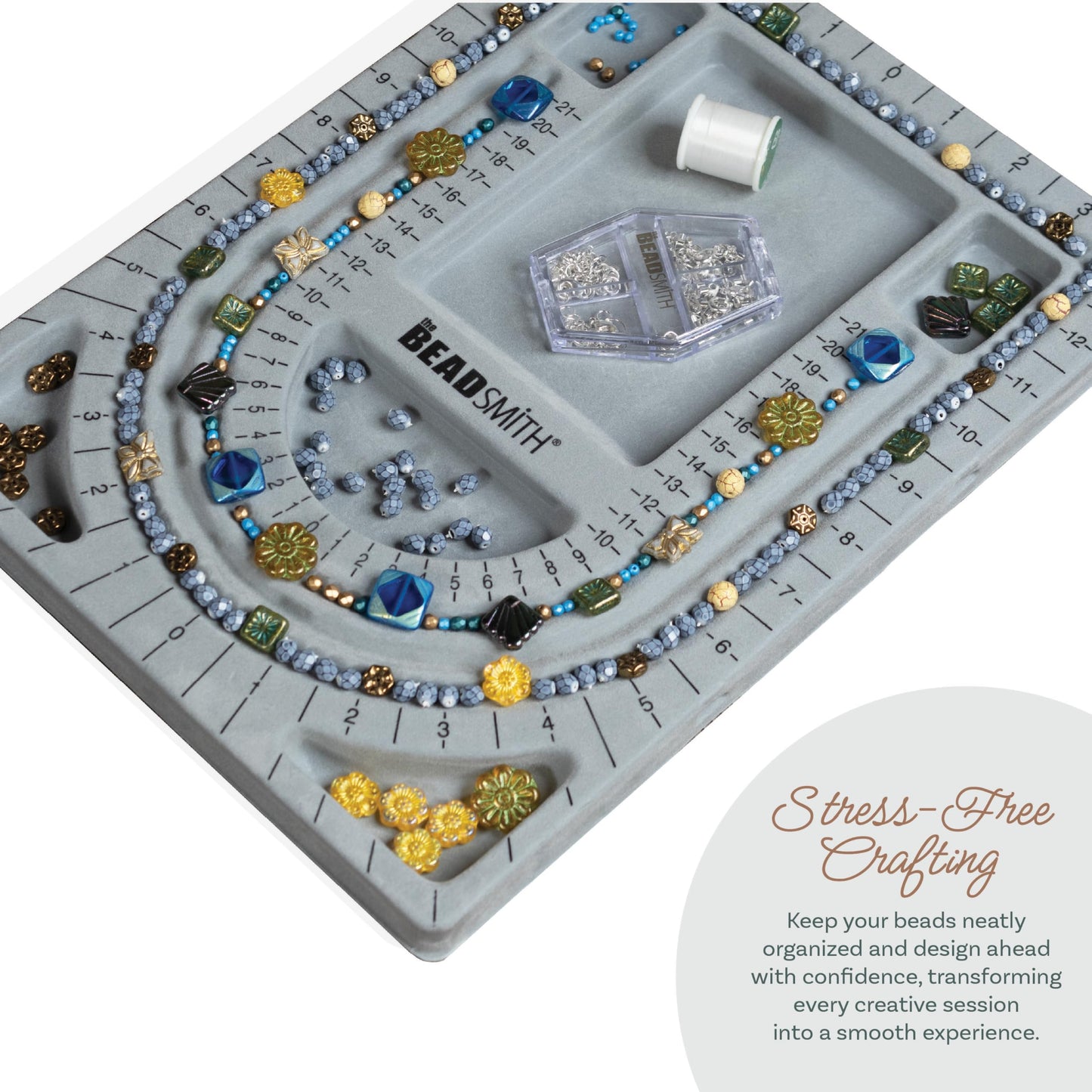 The Beadsmith Bead Board with Cover, Grey Flocked, 3 U-Shaped Channels, 6 Recessed Compartments,13.25H x 9.75L inches, Design Boards for Creating Bracelets, Necklaces and Other Jewelry