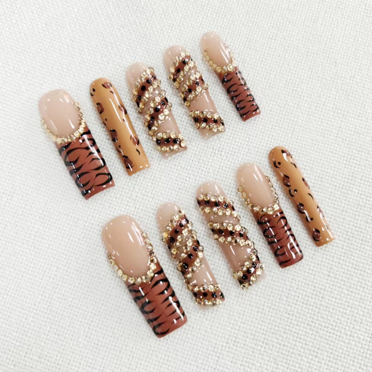 Handmade Press on Nails Extra Long Square Nails Press ons French Tip Leopard Fake Nails with Sparkly Rhinestones Designs False Nails Luxury Full Cove Acrylic Stick on Nail for Women DIY (Size M)