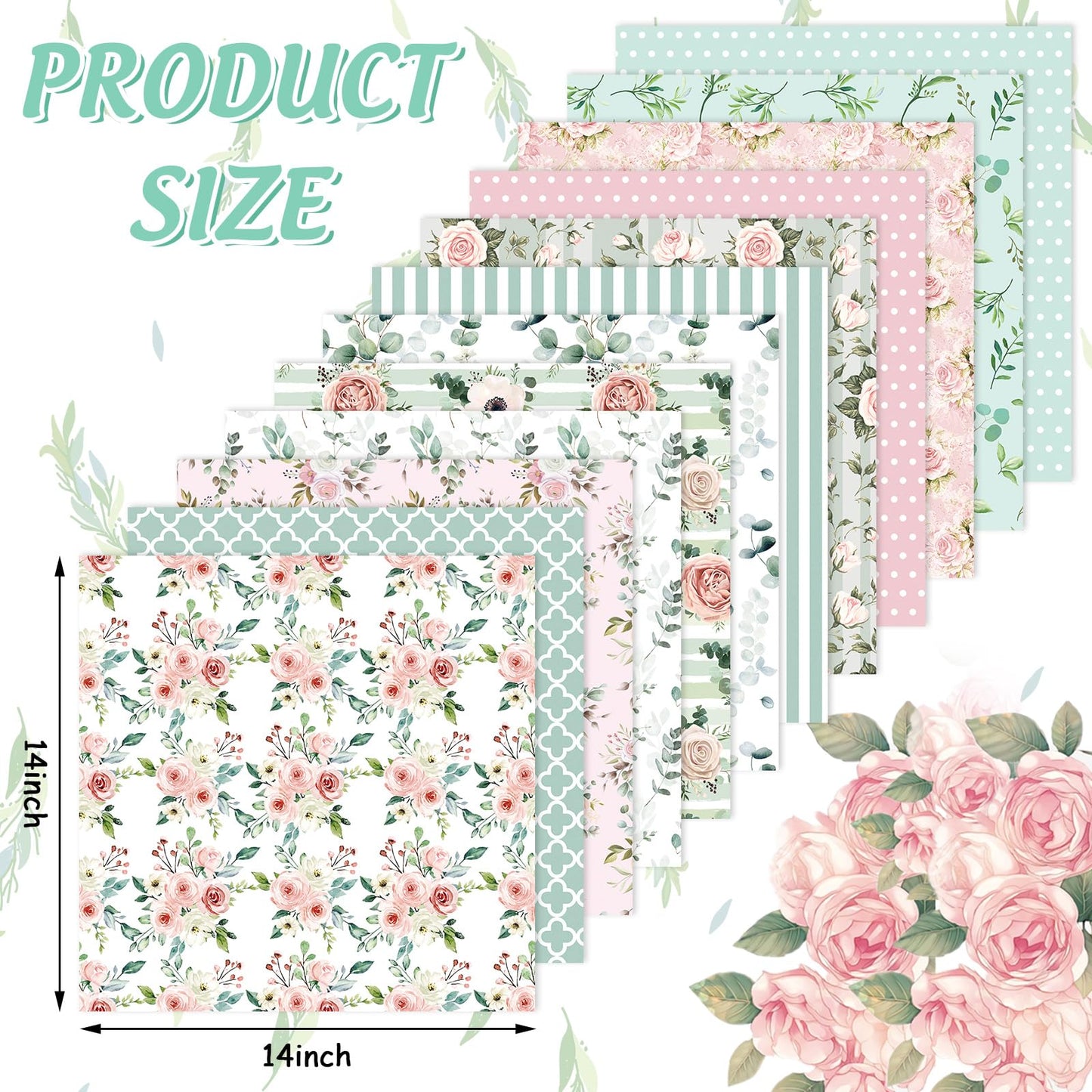 Whaline 12 Pcs Cotton Fabric Bundles Floral Greenery Fabric Square Pink Green Retro Flower Sewing Fabrics for Spring DIY Handmade Craft Decor, 14 x 14 in