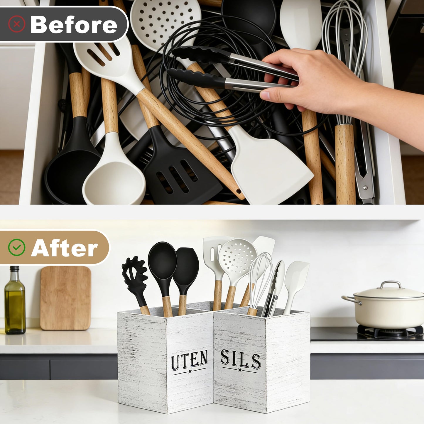 DTXIAQIAO Extra Large Kitchen Utensil Holder for Countertop, Three Compartment Wooden Utensil Holder Farmhouse Decor Perfect for Storing Spatulas and Cooking Tools