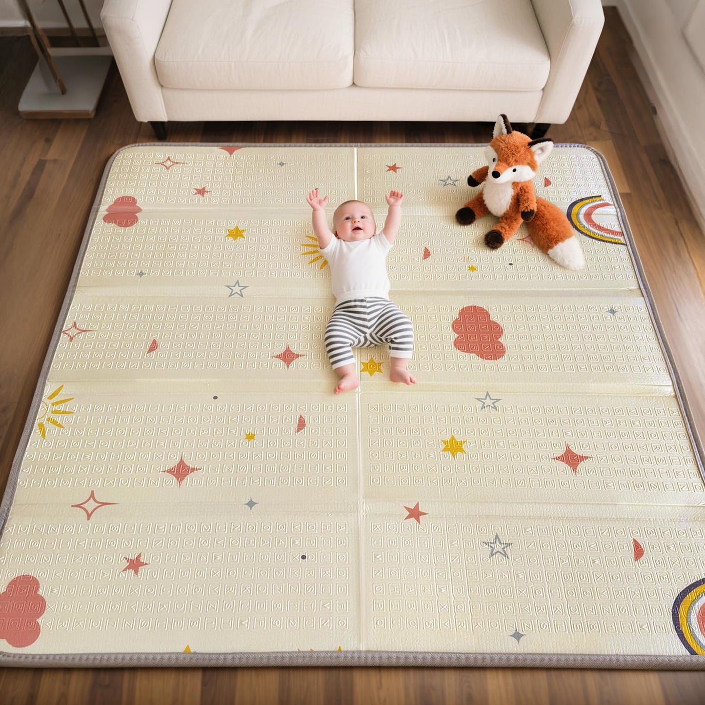 Mallify Extra Large Foldable Play Mat, Reversible Baby Play Mat with Edge Reinforcement, Non-Toxic & Waterproof Baby for Floor, Foam Playmat with Travel Bag, Rainbow, Cloud & Moon, 71"x59"