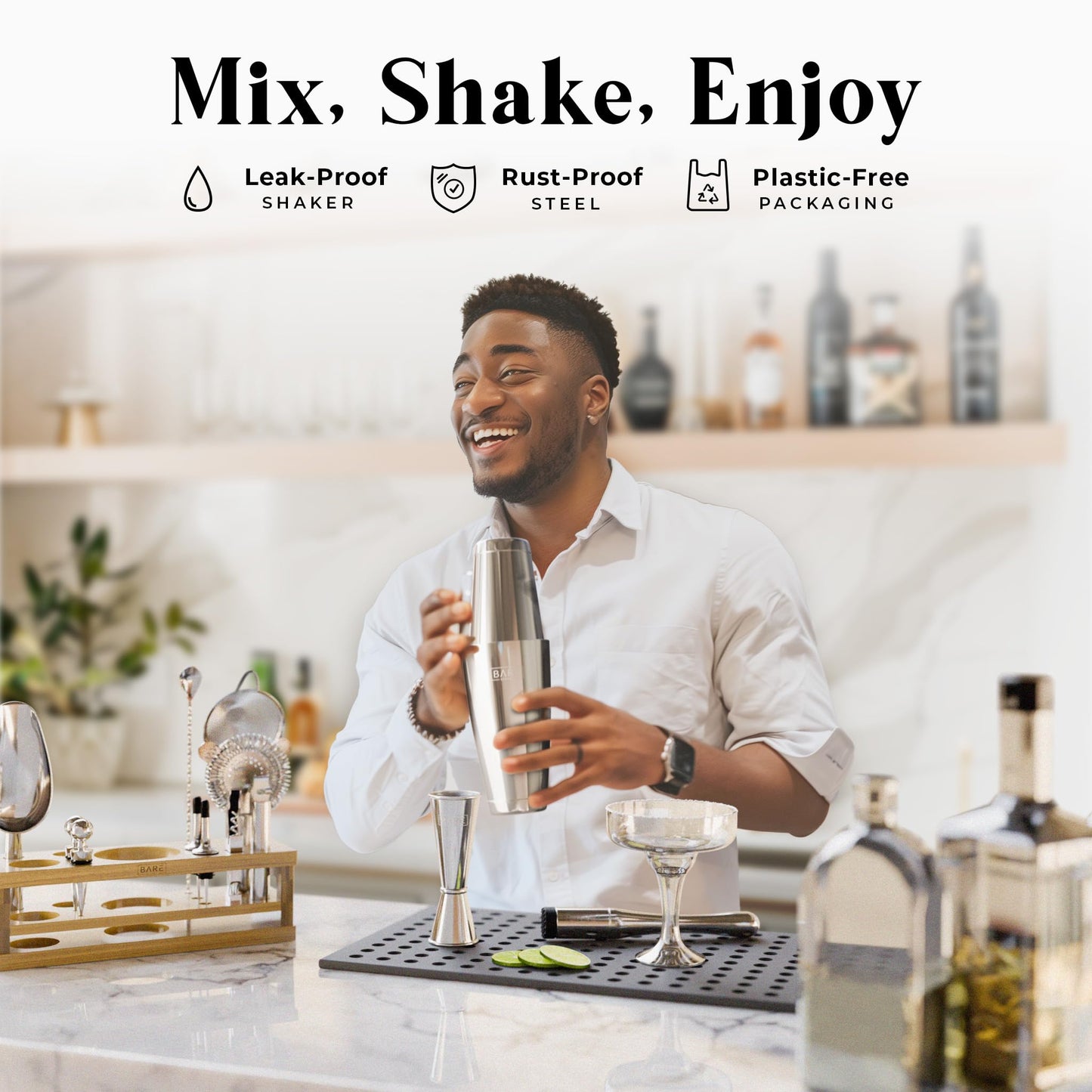 BARE BARREL® Mixology Bartender Kit Bar Set | 16-Piece Cocktail Shaker Set | Martini Barware Mixing Tools for Home Bartending | Incl. 35 Recipe Cards | Gift Set (28oz Boston Shaker, Silver/Natural)