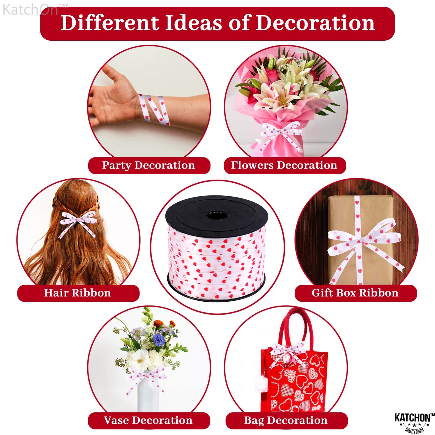 KatchOn, Red Heart Ribbon for Crafts - 100 Yards | Red Heart Curling Ribbon for Valentines Day Decorations | Valentines Ribbon | Bridal Shower Decorations, Happy Anniversary Decorations