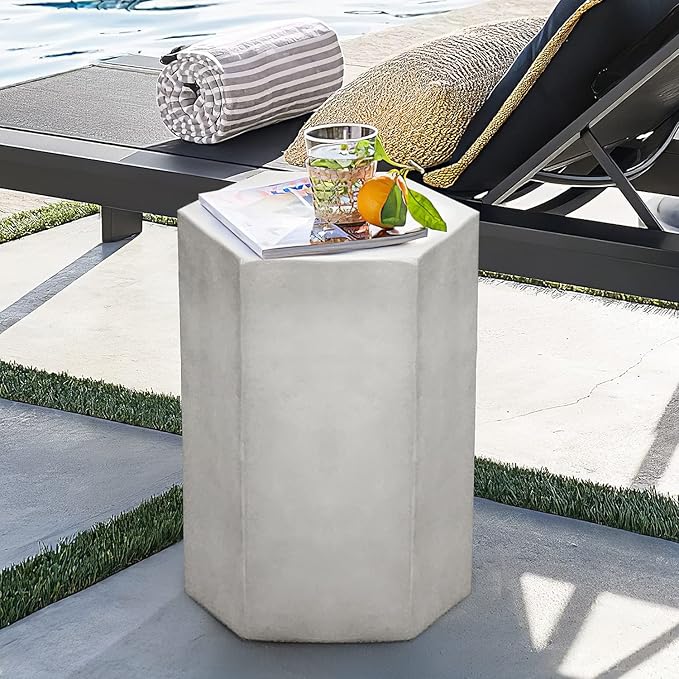 COSIEST Concrete Accent Table, Hexagon Patio Side Table 14.5''Wx20''H, Modular Design Indoor Outdoor End Table, Light Grey