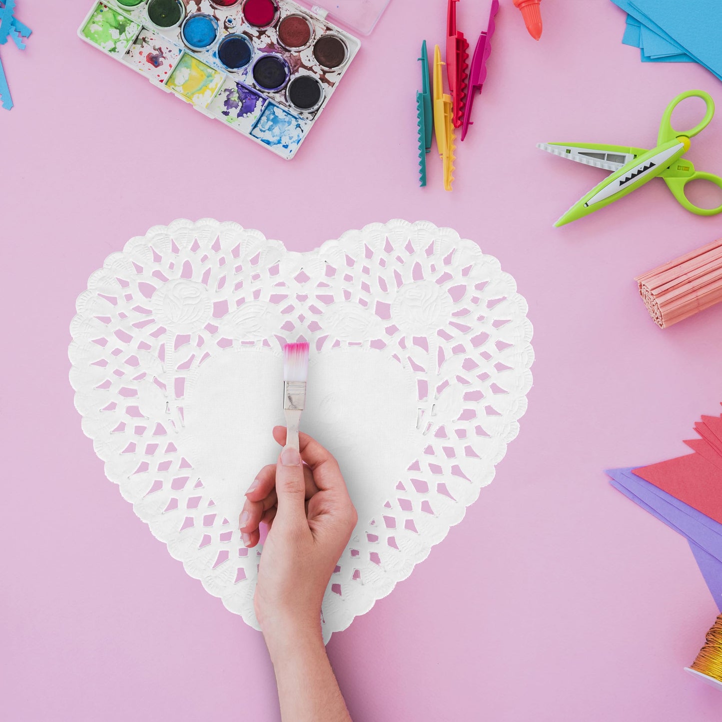 Heart Doilies 10 Inches - Pack of 100, 25 Each in Red, Pink, White, and Blue - Perfect for Valentine's Day Decorations.