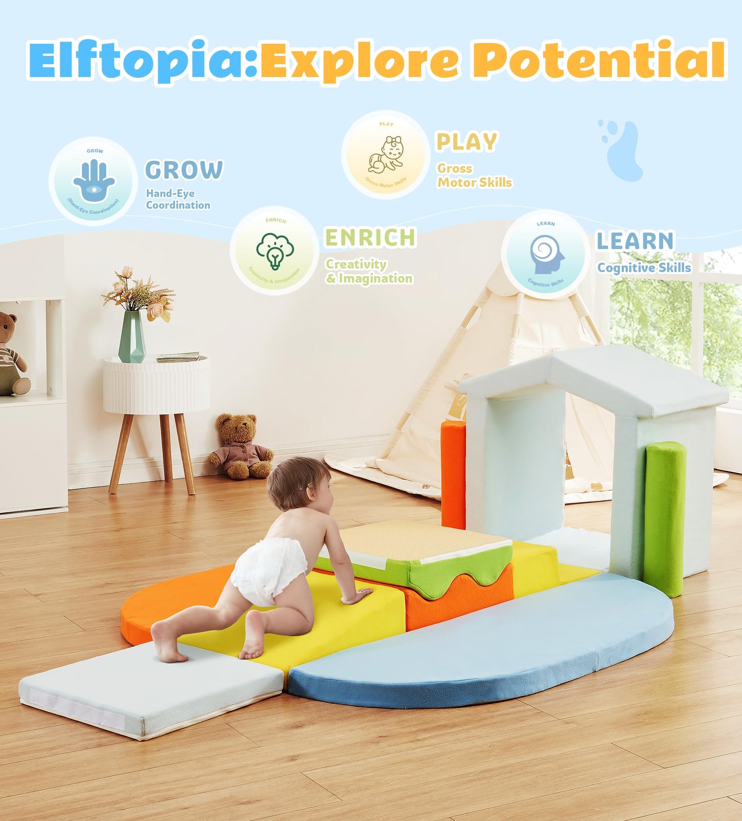 Elftopia 10-Piece Foam Climbing Blocks with Ramp & Stairs for Toddlers,Soft Play Gym Set,Foam Toddler Climbing Toys for Indoor Crawling,Sliding & Creative Play-Dynamic Color