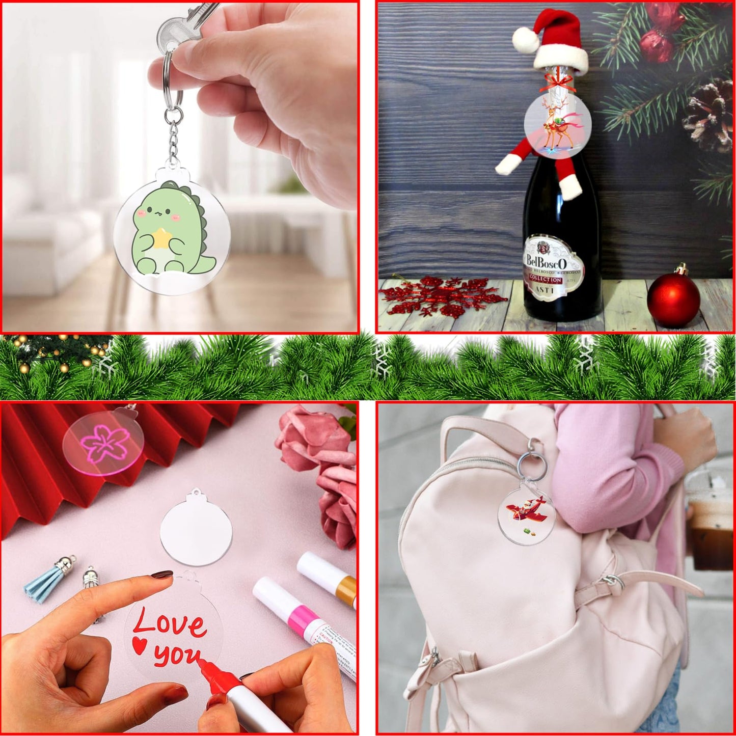 Acrylic Ornaments Blanks, 50Pcs Acrylic Blanks & 50Pcs Stickers, DIY Christmas Ornaments, Blanks Ornaments with a Red Roll Ribbons for Christmas Tree Decoration(4 Inch)