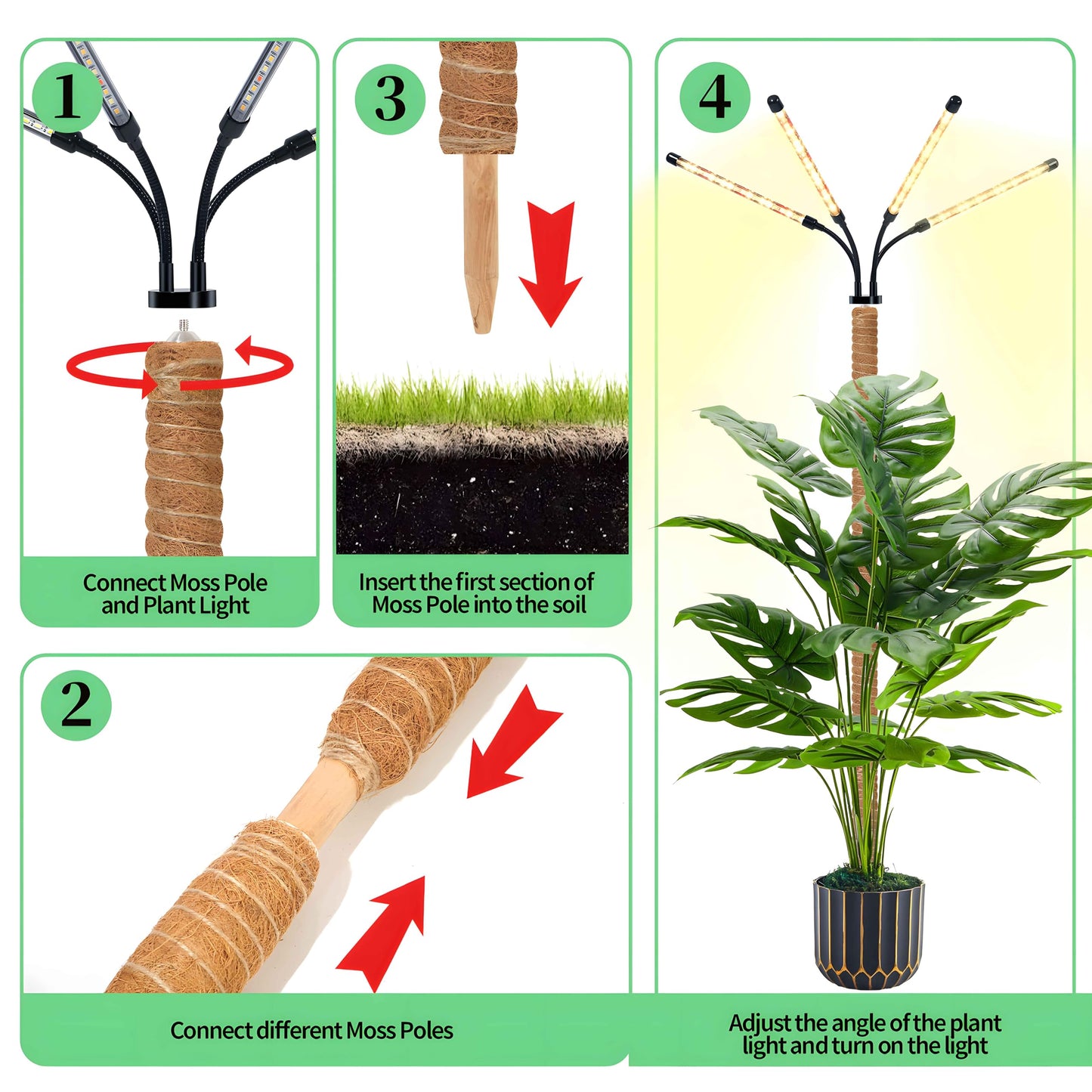 Grow Lights with Moss Pole for Indoor Plants, Full Spectrum LED Plant Light with Auto 3/9/12H Timer, Adjustable Height 15-54", Plant Lights Coco Coir Pole for Monstera, Philodendron, Climbing Plants