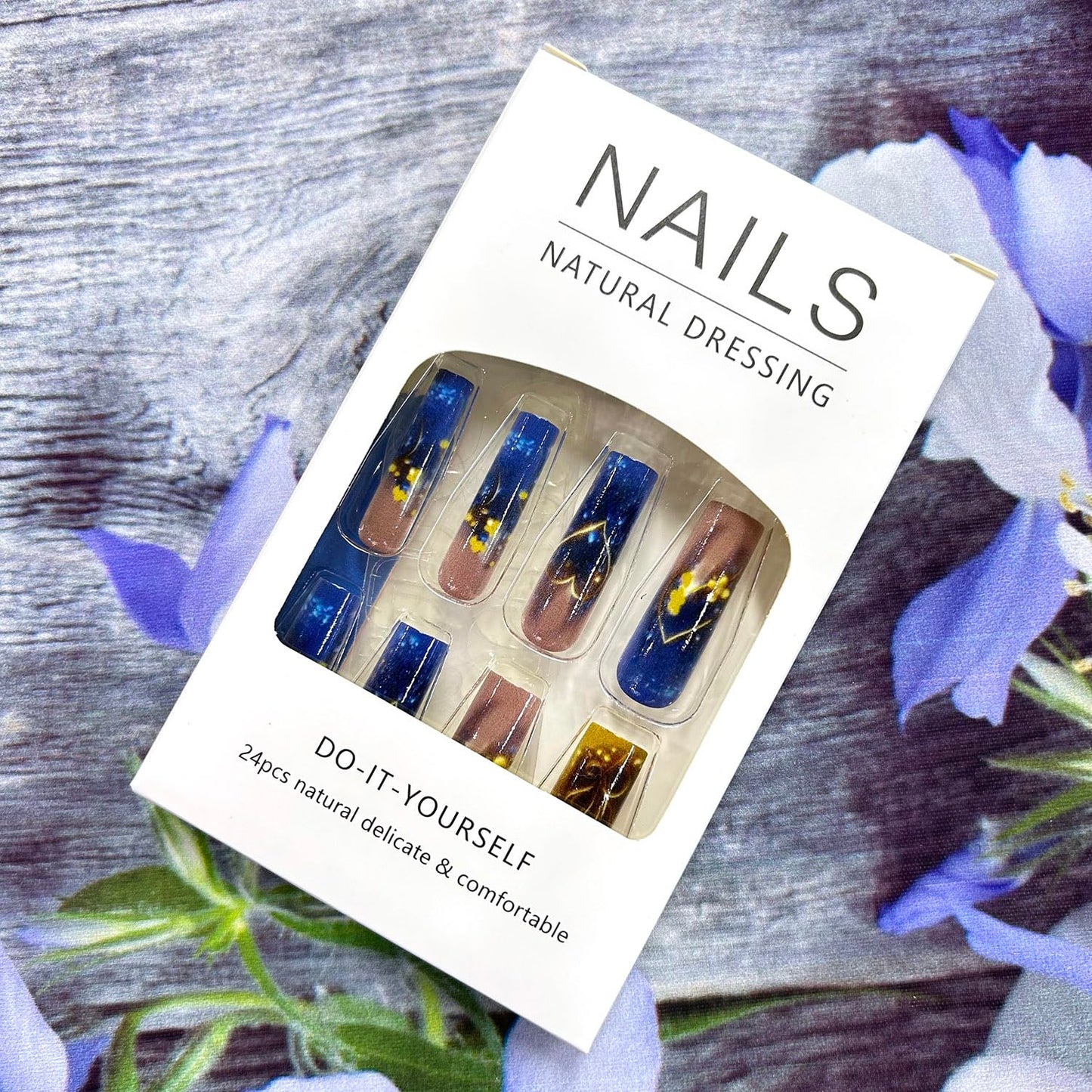 Gold Love Heart Acrylic Nails Blue Gradient Valentine's Press on Nails Square Golden Flowers and Heart Pattern Design Valentine's Nails Artificial Coffin Nails Glossy Glue on Nails for Women