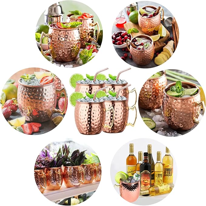 Moscow Mule Copper Mugs Set of 4, Copper Cups with Straws, Jigger, Coasters, Straw Brush for Party, Bar, Stainless Steel Lining, 19.5oz Gifts Set