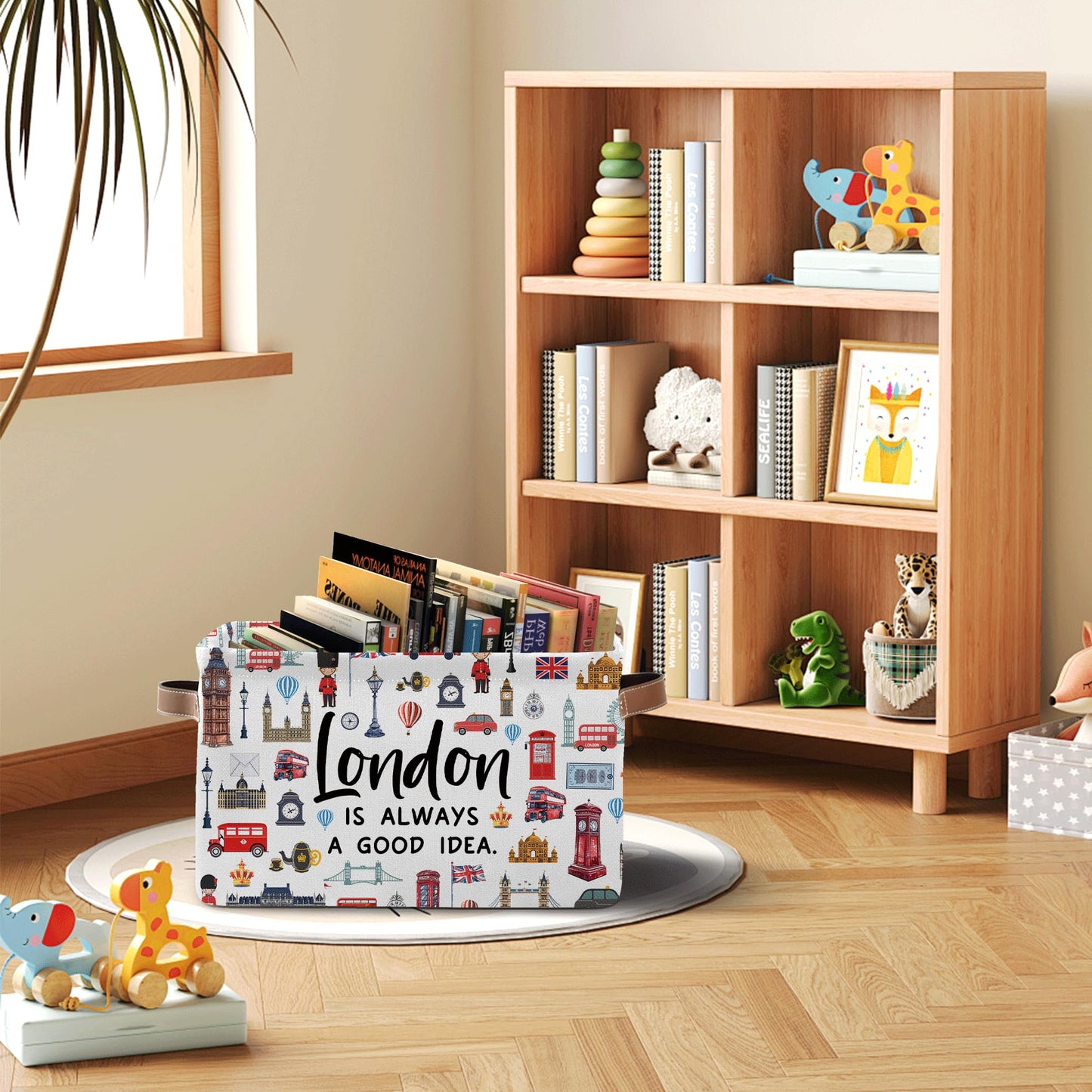 JOPJOLIW London Themed Storage Basket, Collapsible Souvenir Bin with Handles for London Lovers -Red Bus & Big Ben Print Organizer for Travel Keepsakes, Kids Room, London Travel Gifts