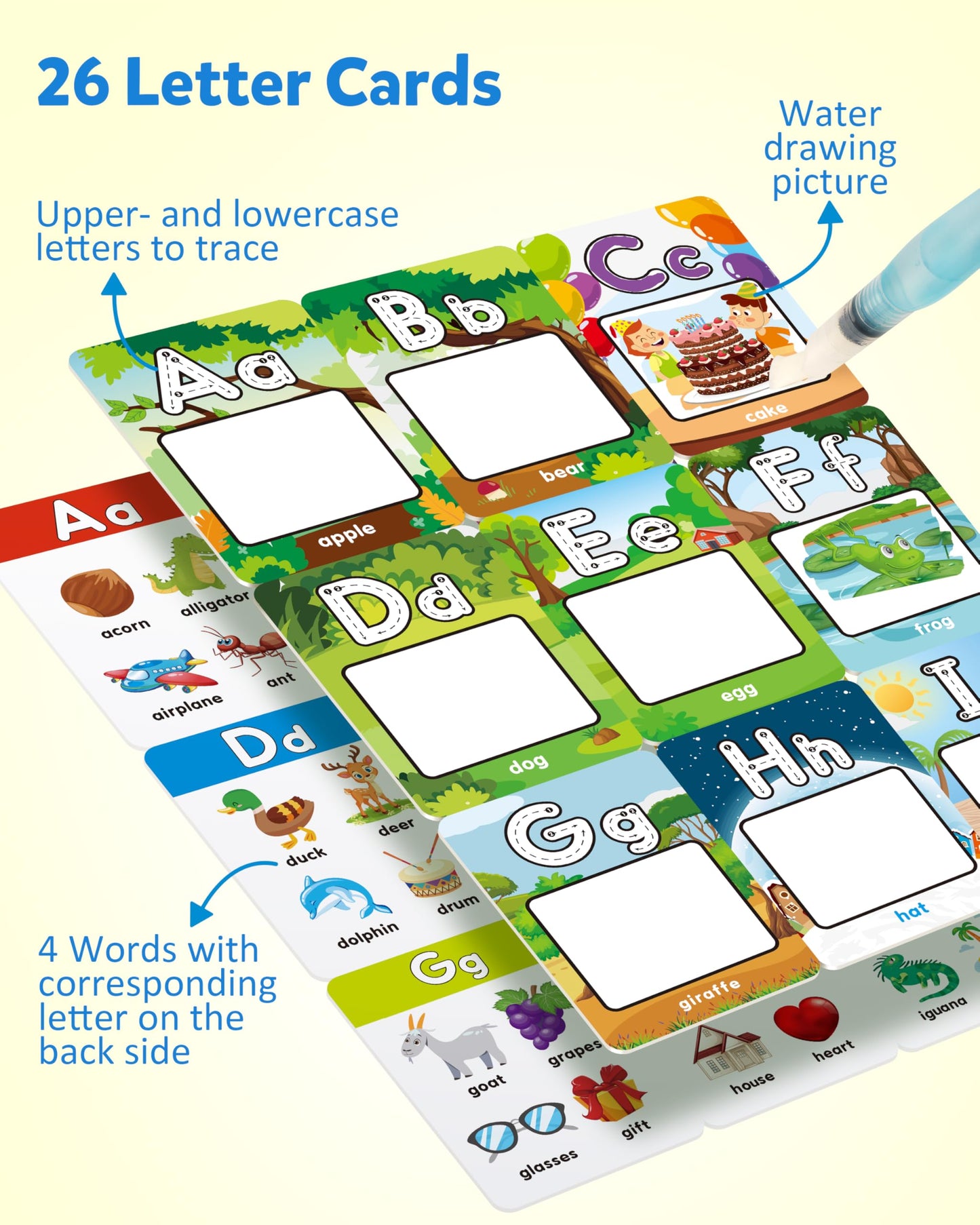 Coogam Water Coloring Alphabet Cards, Aqua Painting Water Drawing 26 Letters ABC Words, Montessori Educational Learning Toy Gift for 3 4 5 Year Old Kids