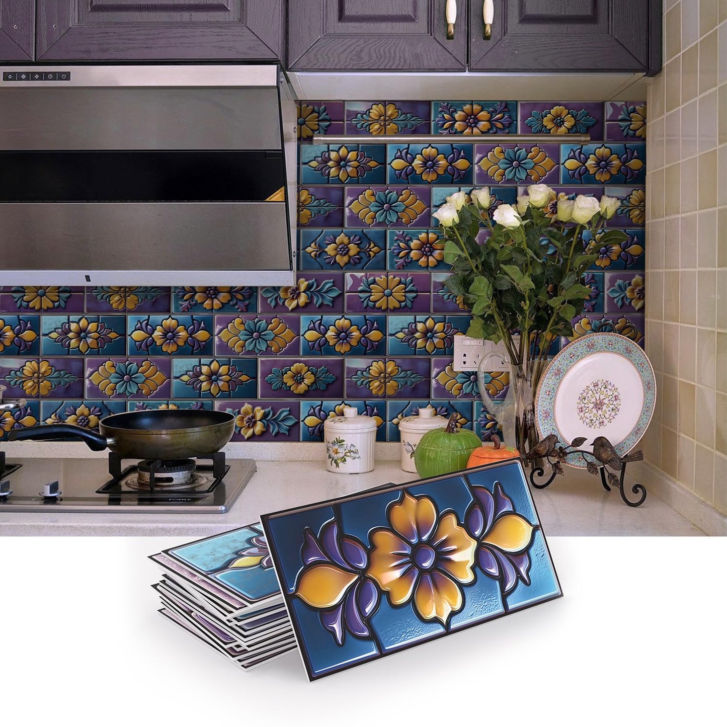 VICCI 16Pcs Tile Stickers 8" x 4" Peel & Stick Kitchen Backsplash - Decorative Wall Tiles Decals - Self-Adhesive Waterproof Removable for Bathroom Cabinets Home DIY Projects Decor