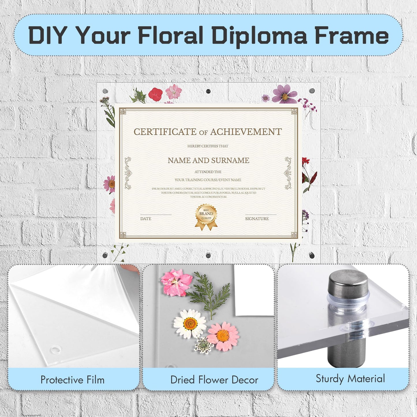 Aneco Graduation Diploma Frame 16x20 Inches Self Adhesive Acrylic Certificate Frame with Dried Pressed Flowers No Drill Clear Wall Photo Frames for Degree Poster Poster Artworks DIY Craft
