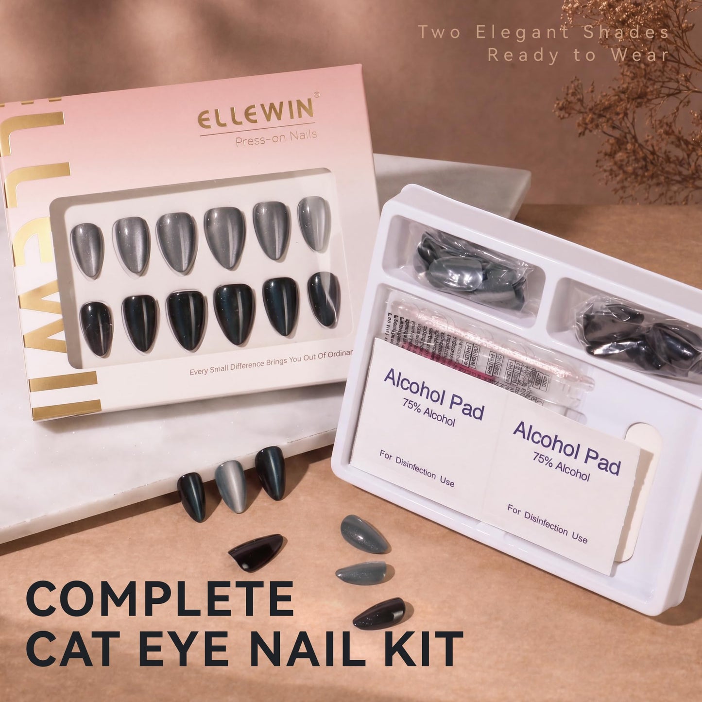ELLEWIN 60 Pcs Cat Eye Press on Nails Medium Almond - Silver & Navy Blue, 15 Sizes Acrylic Glossy Glitter Stick on Nails Set with Glue, Remover & Accessories for Women