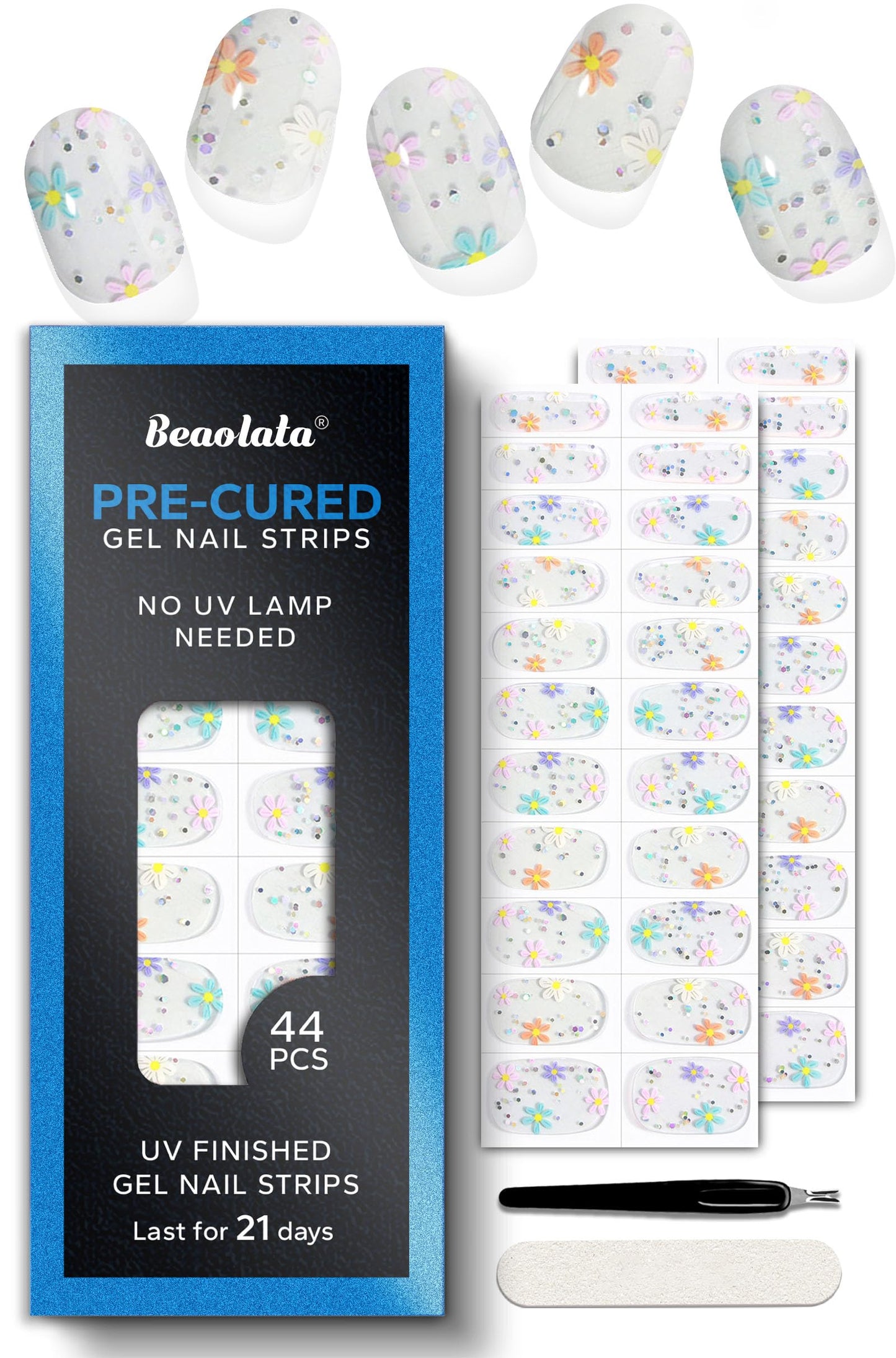 Beaolata Real Gel Nail Strips (No UV Light Needed) - 44Pcs Salon Quality Nail Stickers - Long Lasting Polish Wraps for Women, Easy Apply & Remove (Flower Sliver)