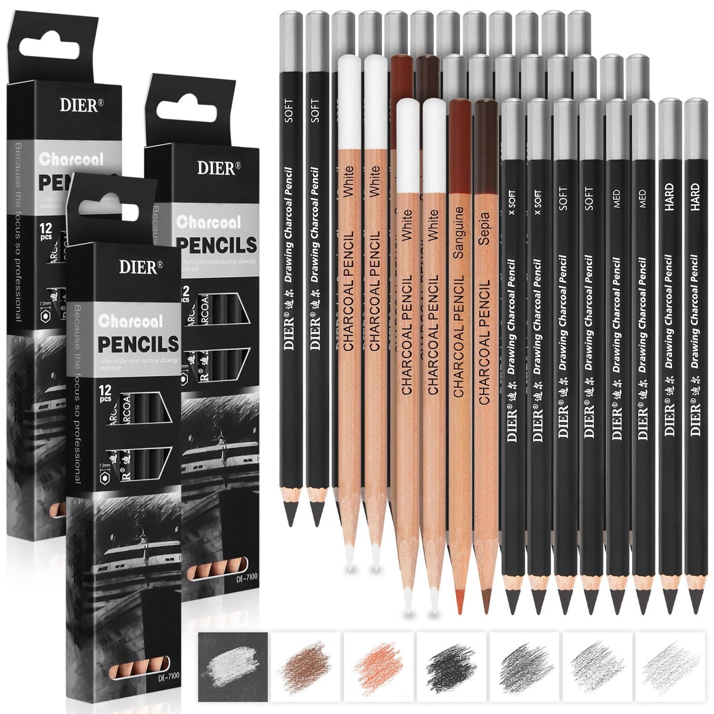 Geyoga 36 Pcs Charcoal Drawing Set Black White Brown Charcoal Pencils for Sketching, Shading, Blending, Portrait, for Beginners & Artists