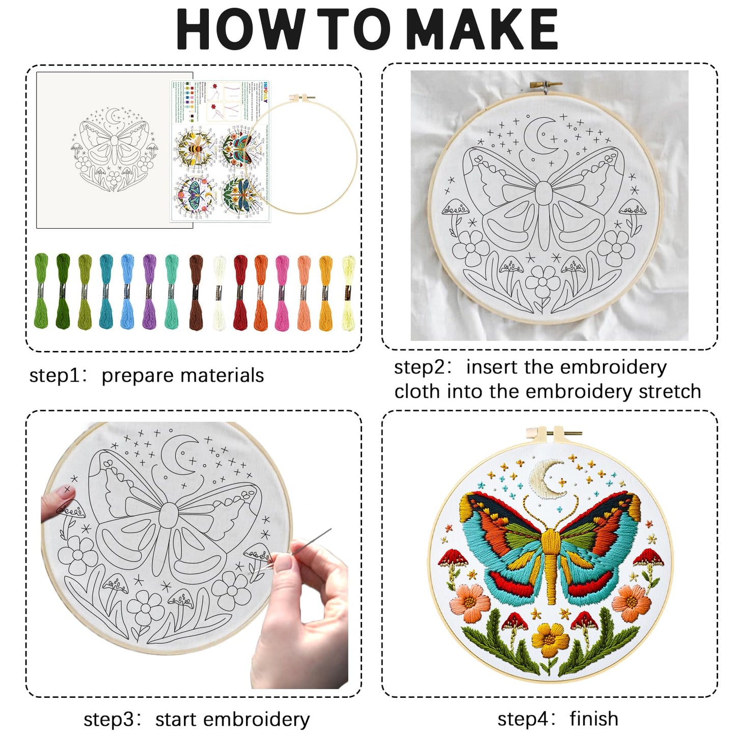 INFUNLY 4 Sets DIY Insect Pattern Embroidery Kits for Starter 11.8"×11.8" Flowers Plants Embroidery Hoop kit Handmade Bees Embroidery Kits Moth Needlepoint Kit with Instruction for Adults Beginners