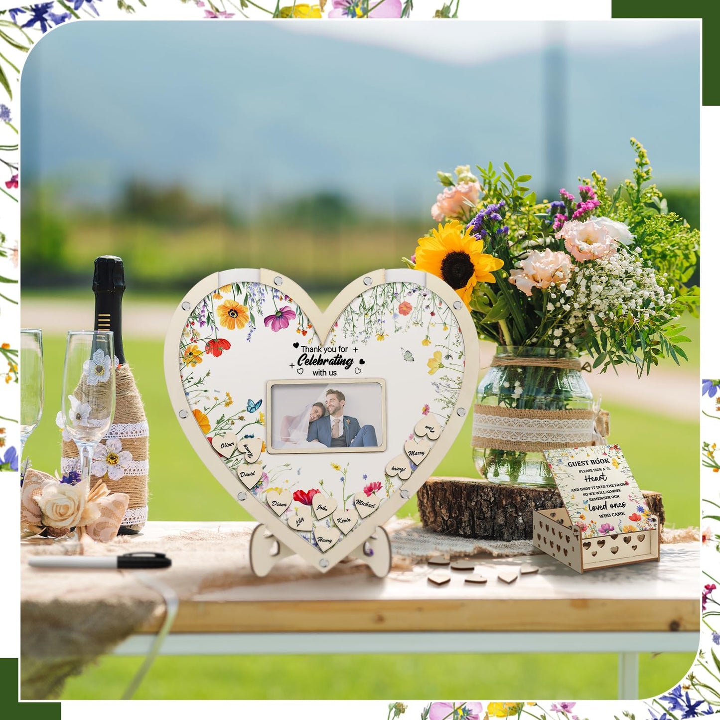 Chunful Wedding Hearts Guest Book Alternative with 100 Wooden Hearts Chips Storage Box and Pen Brown Wooden Theme Heart Picture Frame Rustic Guest Book Reception for Wedding Ceremony (Wildflower)