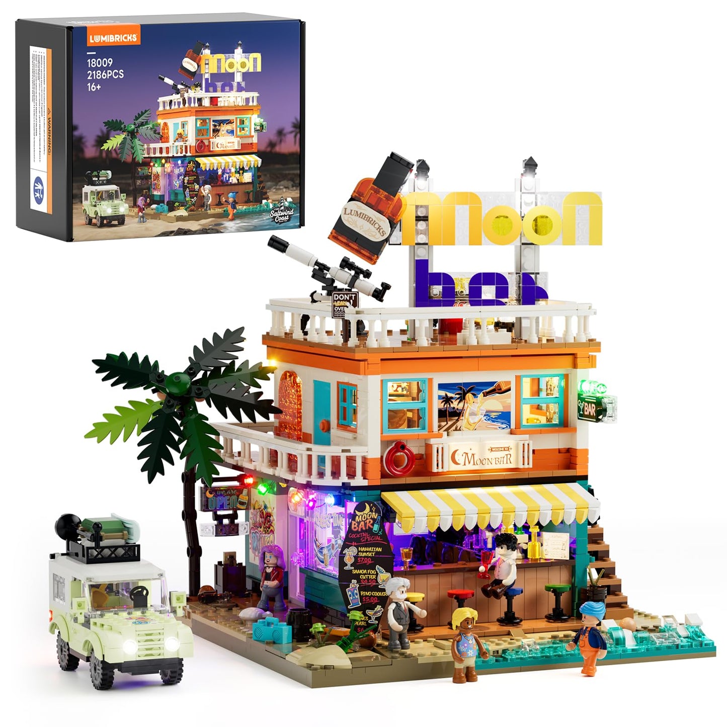 Lumibricks Moon Bar Lighting Building Bricks Set - Road Trip Modular Collection Display Kit with LED and Minifigures 2186 Pcs for Adults & Teens & Marine Enthusiasts