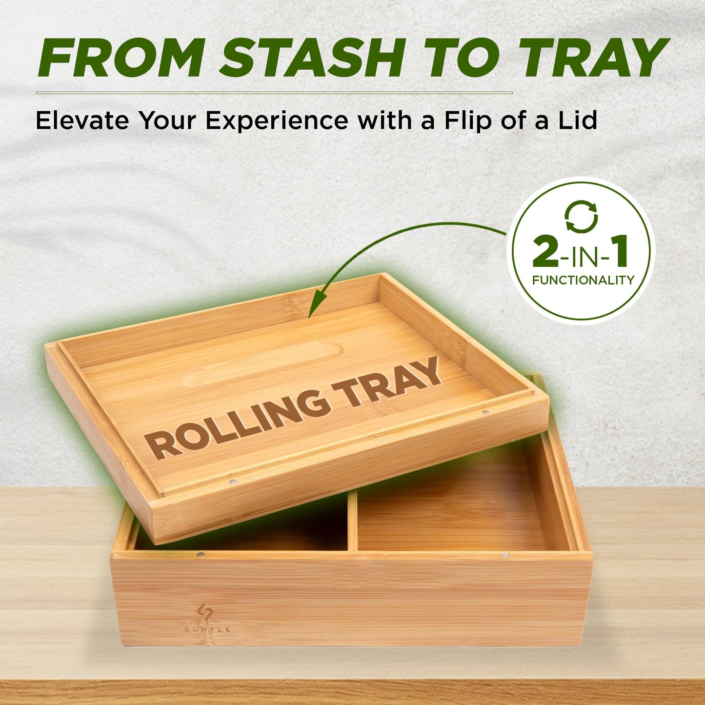 Subtle Rolling Tray Stash Box - Large Bamboo Box w/Ample Storage Space to Organize Herb Accessories - Comes with Convertible Rolling Tray Lid - (10" x 8" x 3.5")