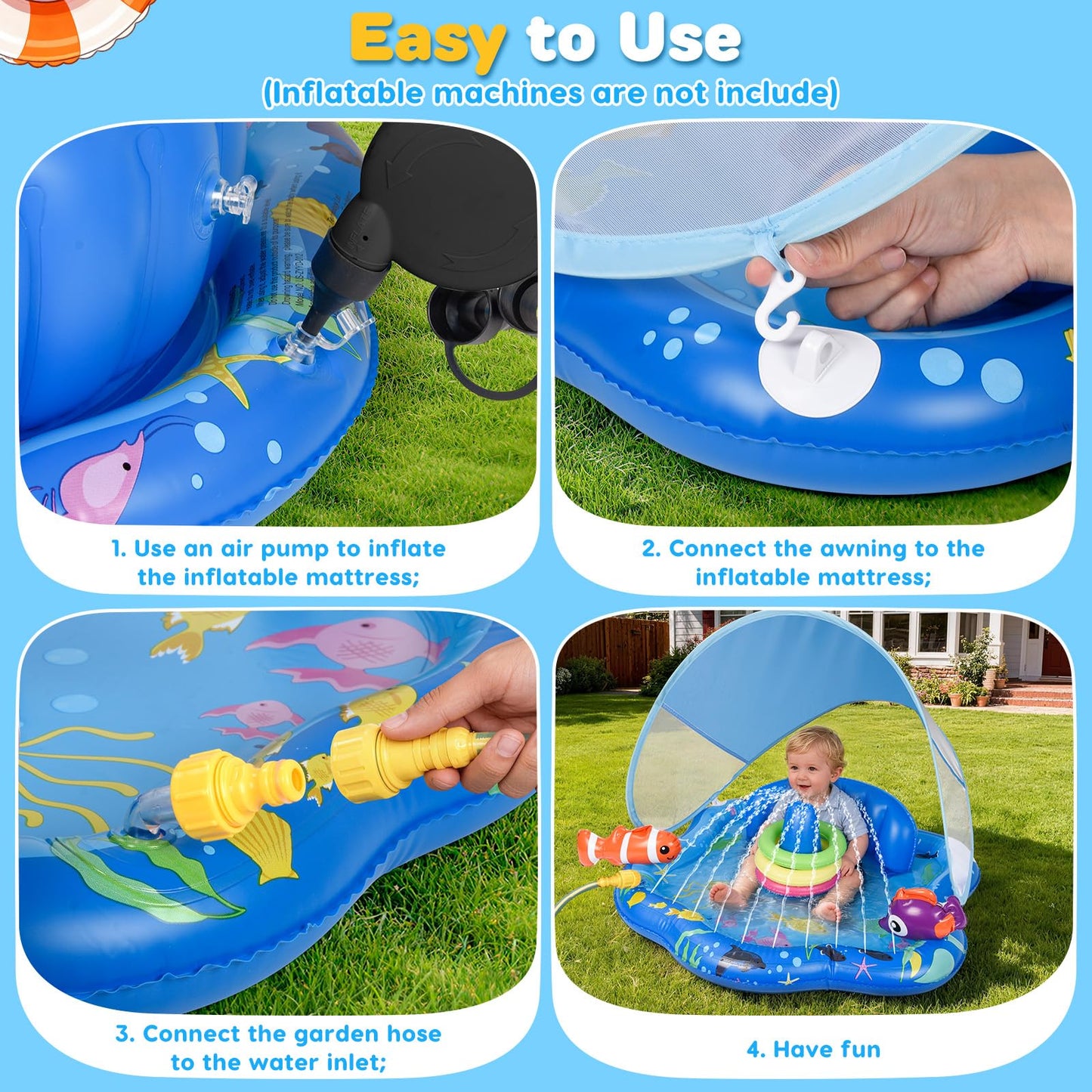 Baby Pool Float with Sprinkler, Inflatable Baby Splash Pad with Stackable Rings Game, Baby Splash Mat with Canopy & Backrest for Toddlers Garden, Beach, Backyard and Bathroom (Blue)