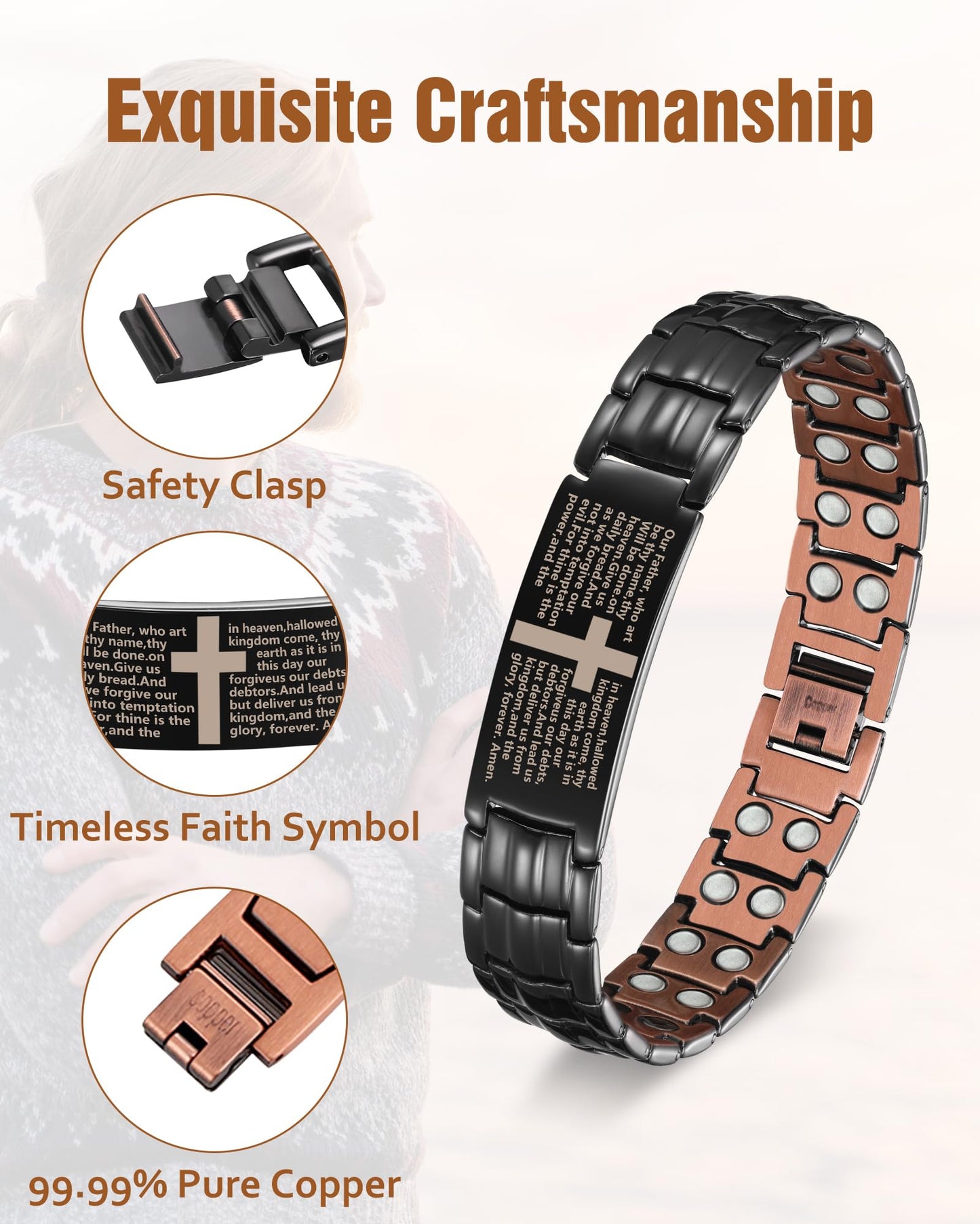 Jecanori Copper Cross Bracelet & Ring for Men Black, 2X Strength Magnetic Bracelets for Men, Adjustable Copper Jewelry with Sizing Tool