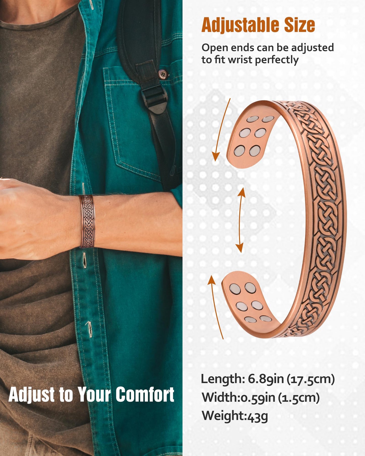 Jecanori Copper Bracelet for Men, 18X Strength Mens Magnetic Copper Bracelets with 3,800 Gauss Magnets