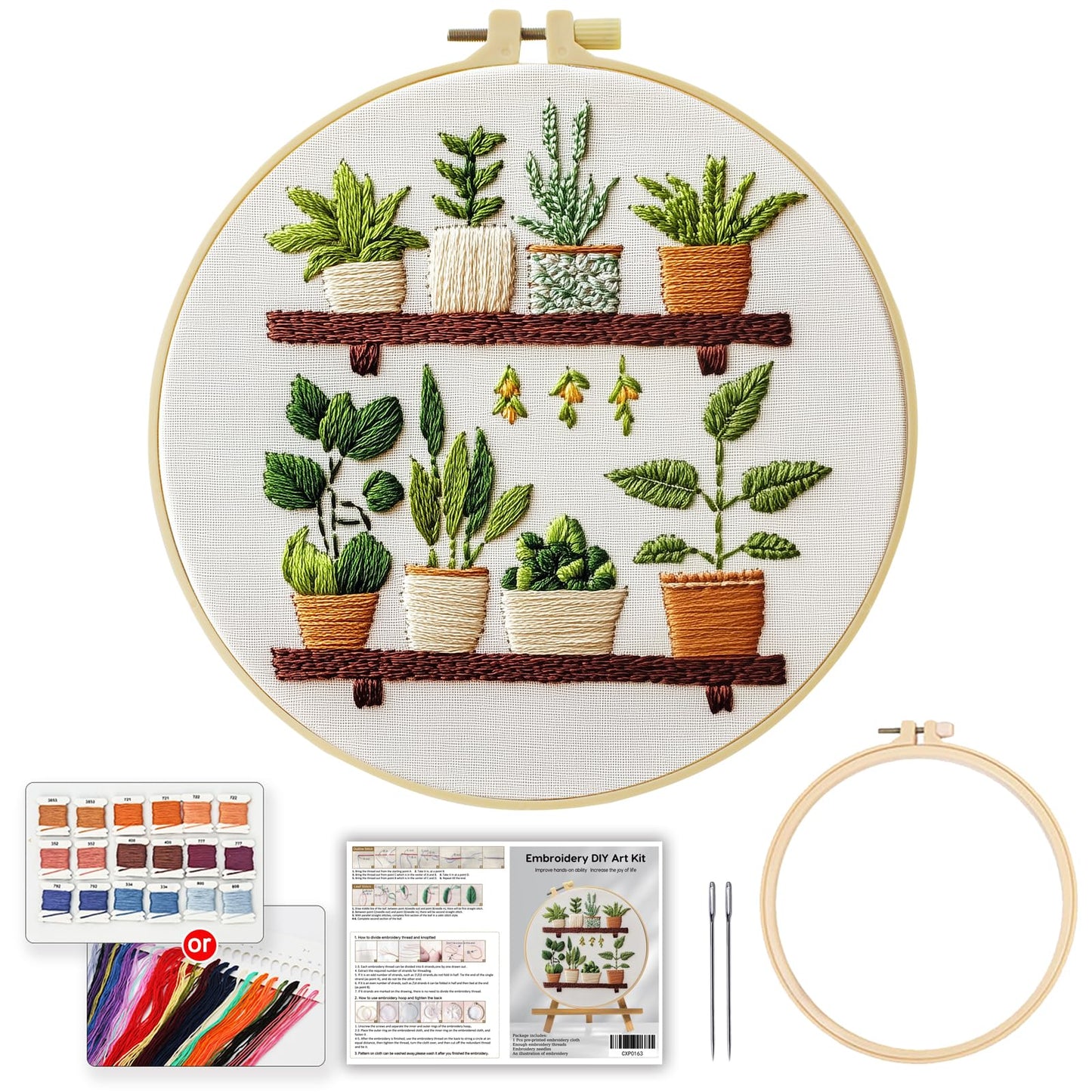 JOZYSH Full Range Embroidery Kit for Adult, Green Plant Pattern Embroidery Kit for Beginners Include Embroidery Cloth Hoops Threads for Craft Lover Hand Stitch with Embroidery Skill Techniques
