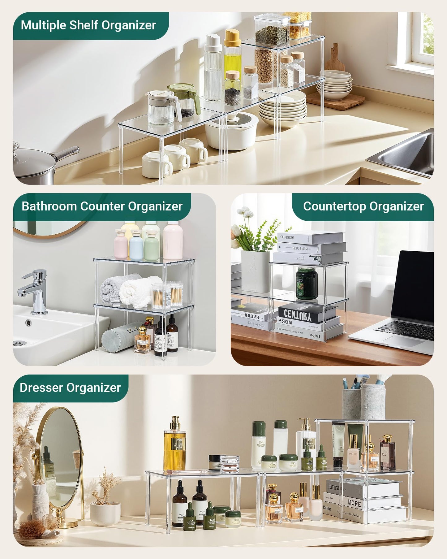 Bobomoment Acrylic Cabinet Organizer, Set of 2 Shelf Organizer, Spice Rack Organizer for Cabinet, Desk Countertop Organizer, Stackable Shelves for Pantry Kitchen Storage and Organization