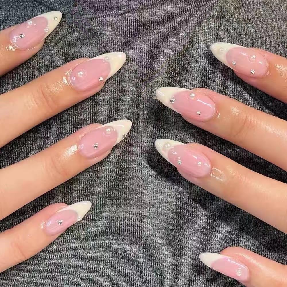 Handmade French Tip Press On Nails White Almond Reusable Stick On Nails in 10PCS - Fake Nail Kit for Women Gift, Classic (MT-101, M)