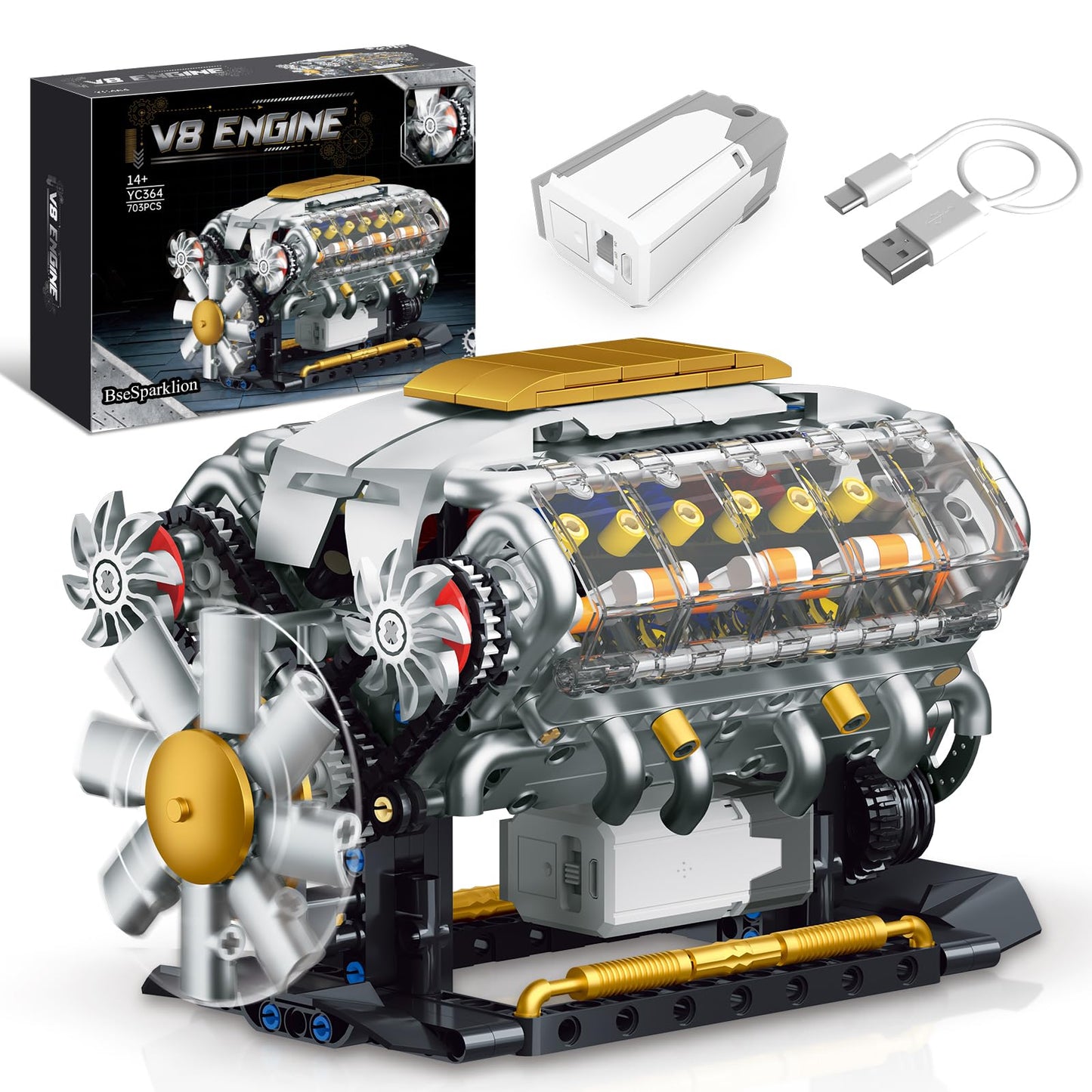 BseSparklion V8 Engine Model Kit that Runs, Build Your Own Mini Visible Car Motor, Physical Science Experiment Building Set for Adults & Teens, STEM Toy Gift for Boys 14+ (703 PCS)