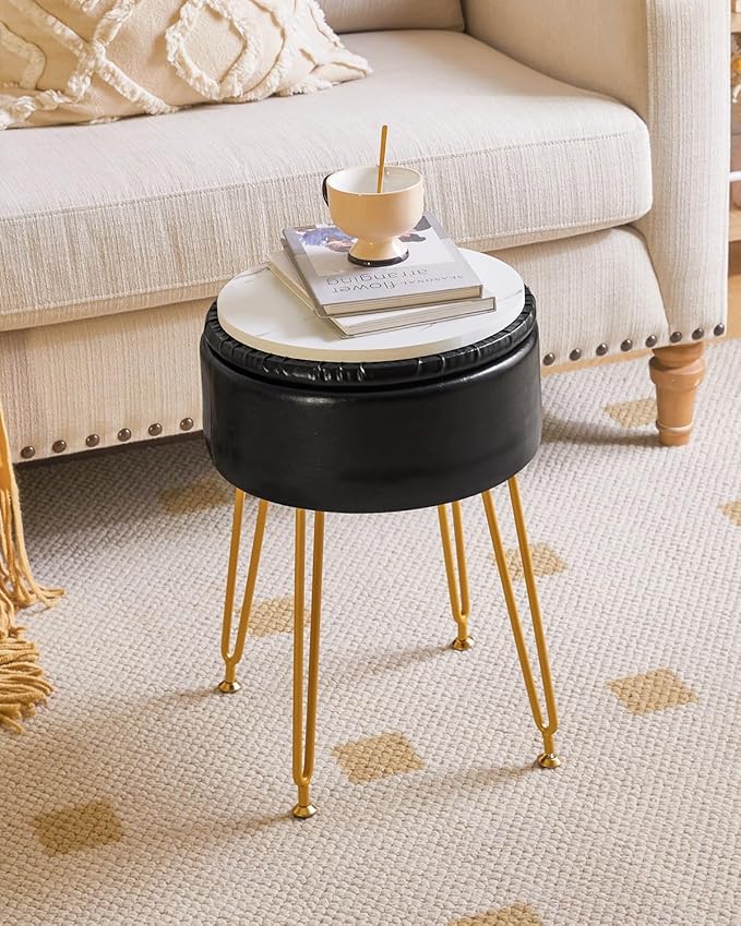 IBUYKE Faux Leather Round Footrest Stool with Storage Ottoman, Makeup Vanity Chair Side Table, PU Dressing Table Seat, Removable Cover, Golden Steel Legs, Black WBD024B