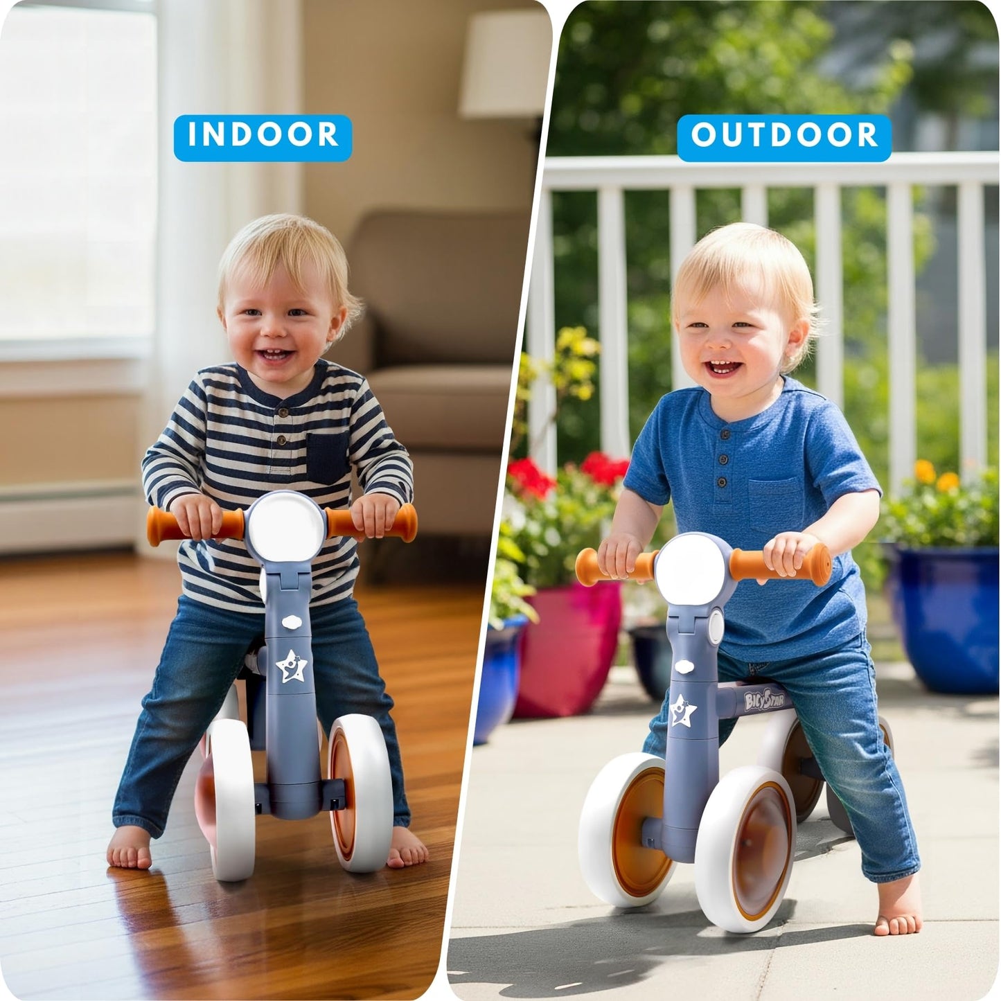bicystar Baby Balance Bike with Adjustable Handlebars, Rear Wheel, Colorful Lighting, Best Gift for 12-36 Months, Light Blue