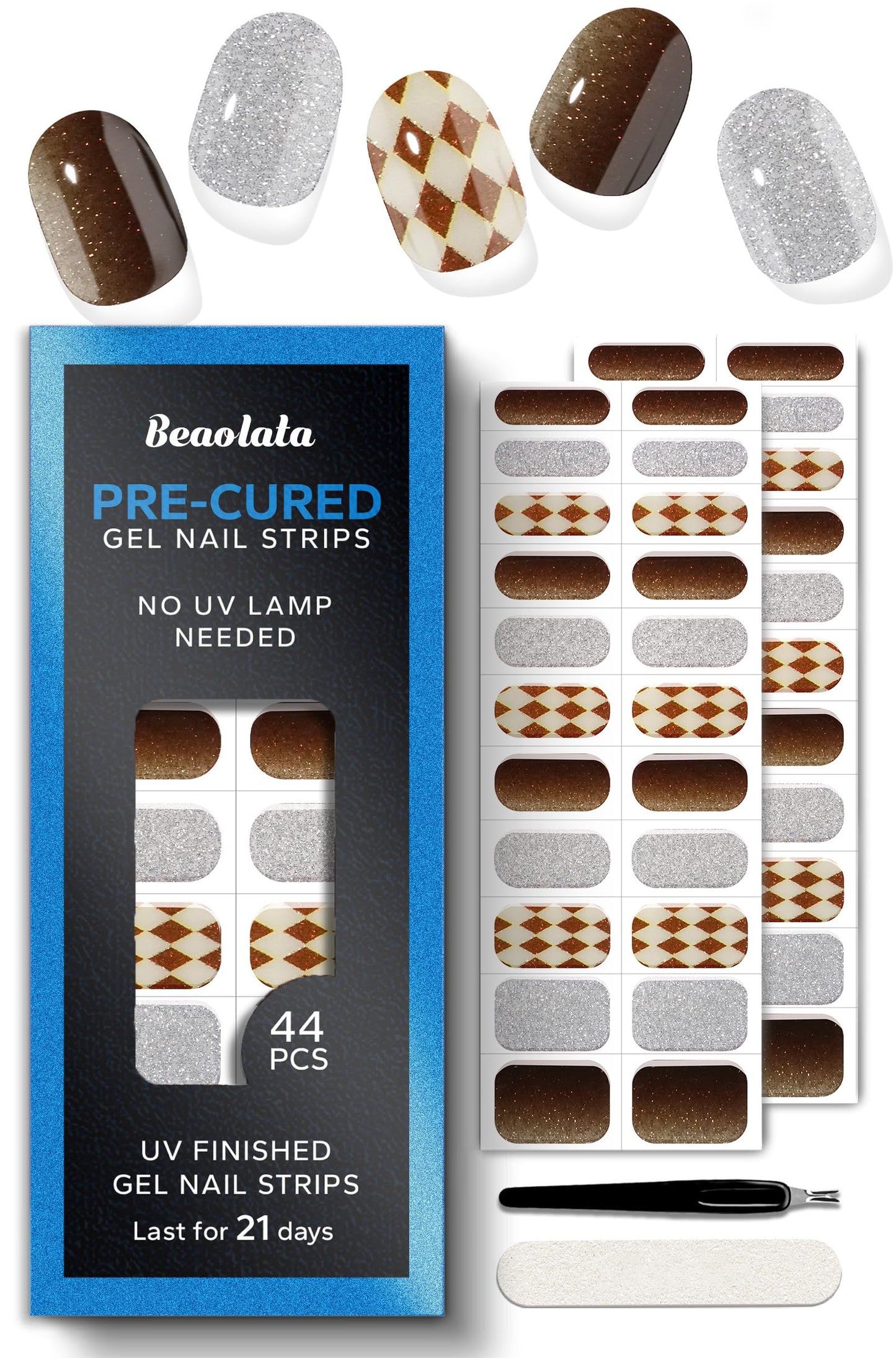 Beaolata Real Gel Nail Strips (No UV Light Needed) - 44Pcs Salon Quality Nail Stickers - Long Lasting Polish Wraps for Women, Easy Apply & Remove (Brown Check Sparkle)