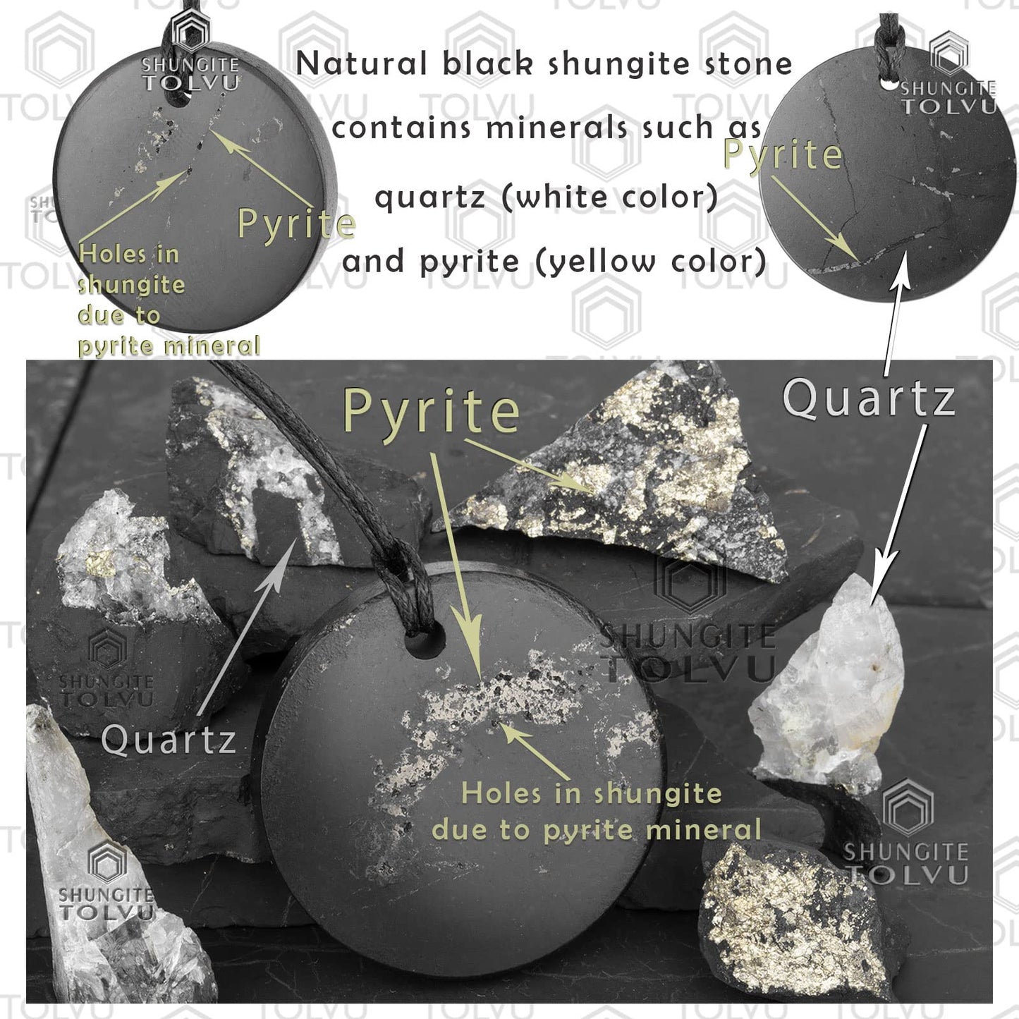 Shungite mineral Pendant "Goodness" - Authentic Russian Shungite black mineral necklace - Handmade - Tolvu