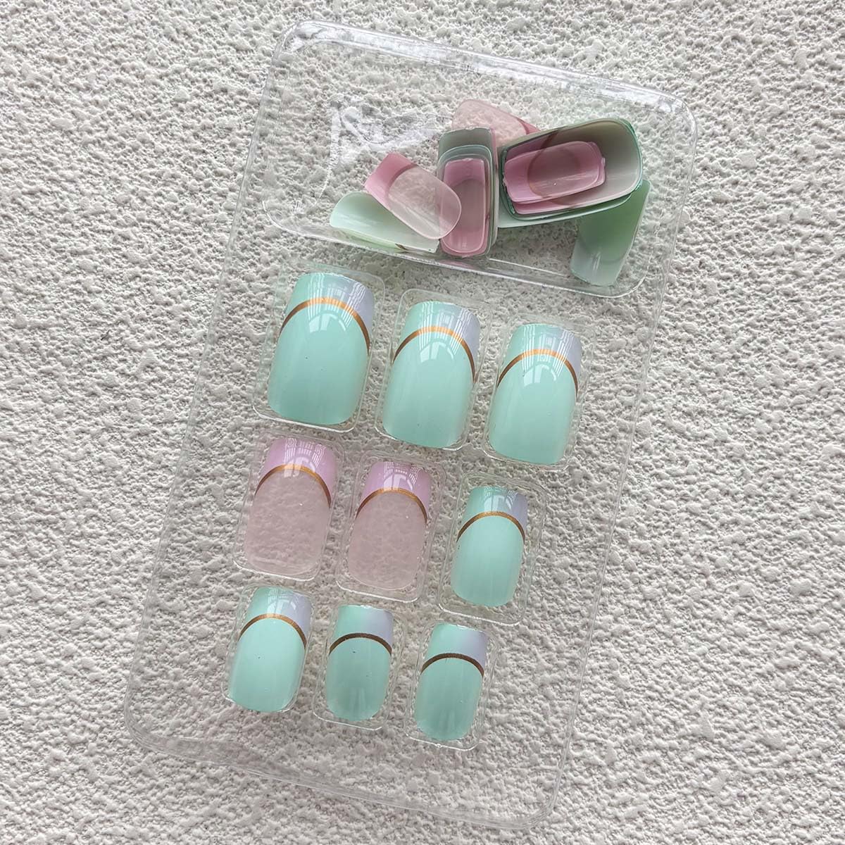 French Tip Press On Nails Medium Square Fake Nails Gold Line With Gradient Design Green False Nails Full Cover Glossy Acrylic Stick On Nail Artificial Cute Glue On Nail For Women 24pcs