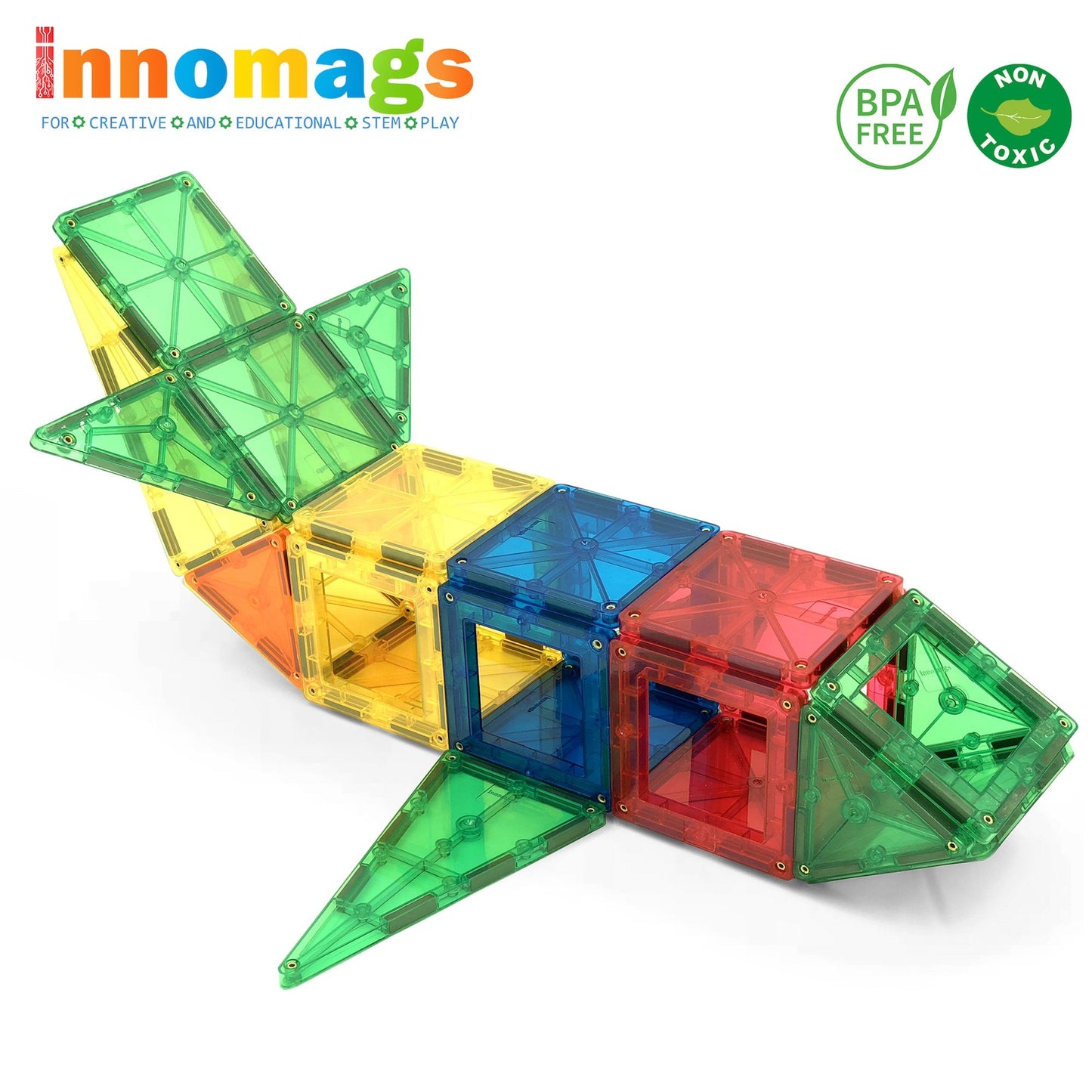 Innomags Magnet Tiles 110 Piece Magnetic Building Blocks Jumbo Tile Set, Clear 3D Magnetic Tiles Stem Educational Construction Playboards for Kids, Creative Clickins, Wheels, Bag, Safety Certified