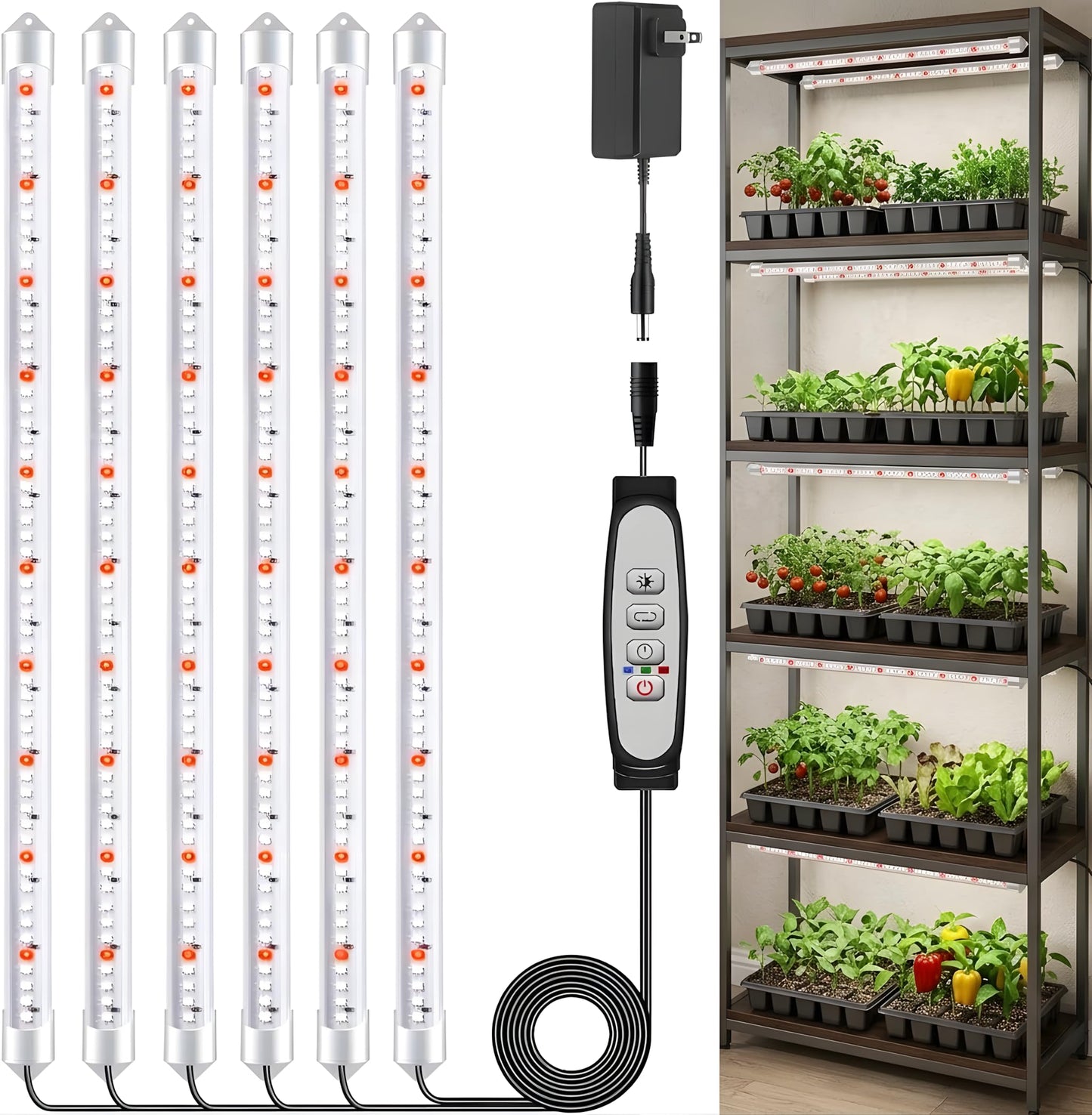 SDOVUERC 16'' 6 Bars Grow Light Strips for Indoor Plants with Auto ON/Off Timer 6/12/18H, 5 Dimmable Levels for Shelves Plant Growing(Pack 1)