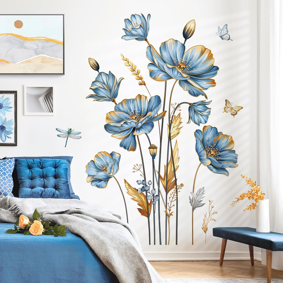 decalmile Large Blue Flower Wall Stickers Floral Butterfly Plants Gold Leaves Wall Decals Bedroom Living Room Sofa TV Background Wall Decor