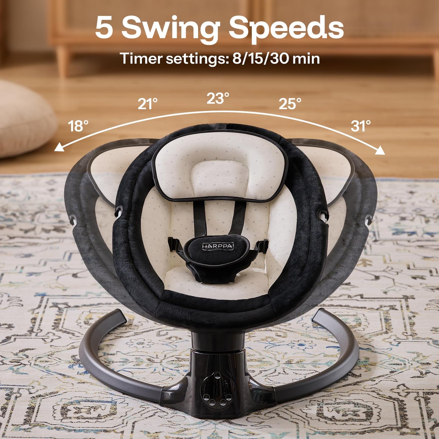 HARPPA Weddell Lite Electric Baby Swing for Infants with Music Speaker, 5 Adjustable Speeds, 5-Point Safety Harness, Timer Function, Compact Design for Indoor & Outdoor Use,Black
