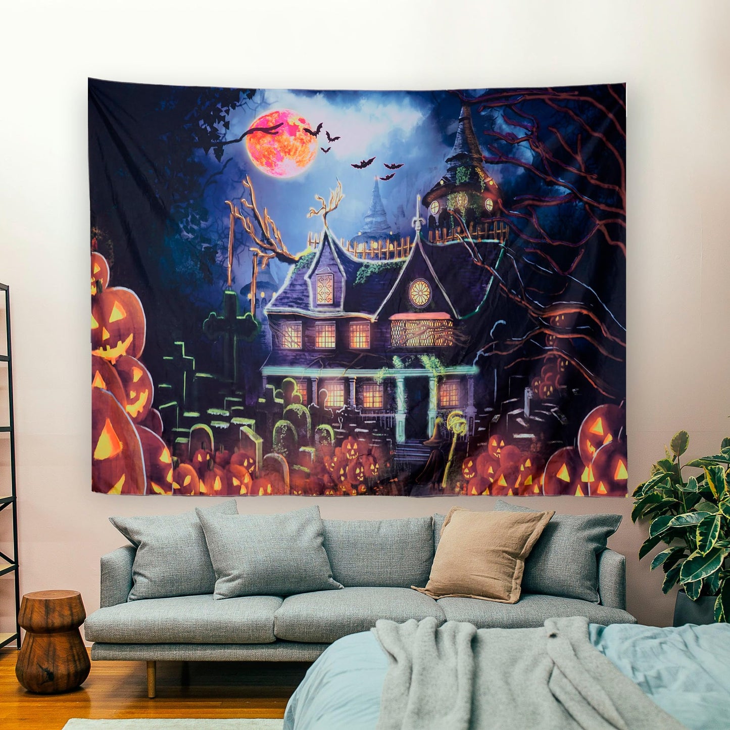 OSVINO Blacklight Halloween Castle Tapestry 59"x51" Pumpkins Bats Crosses Backdrop Bedroom Aesthetic Hippie Room Decor Glow in The Dark Wall Poster for Halloween Easter