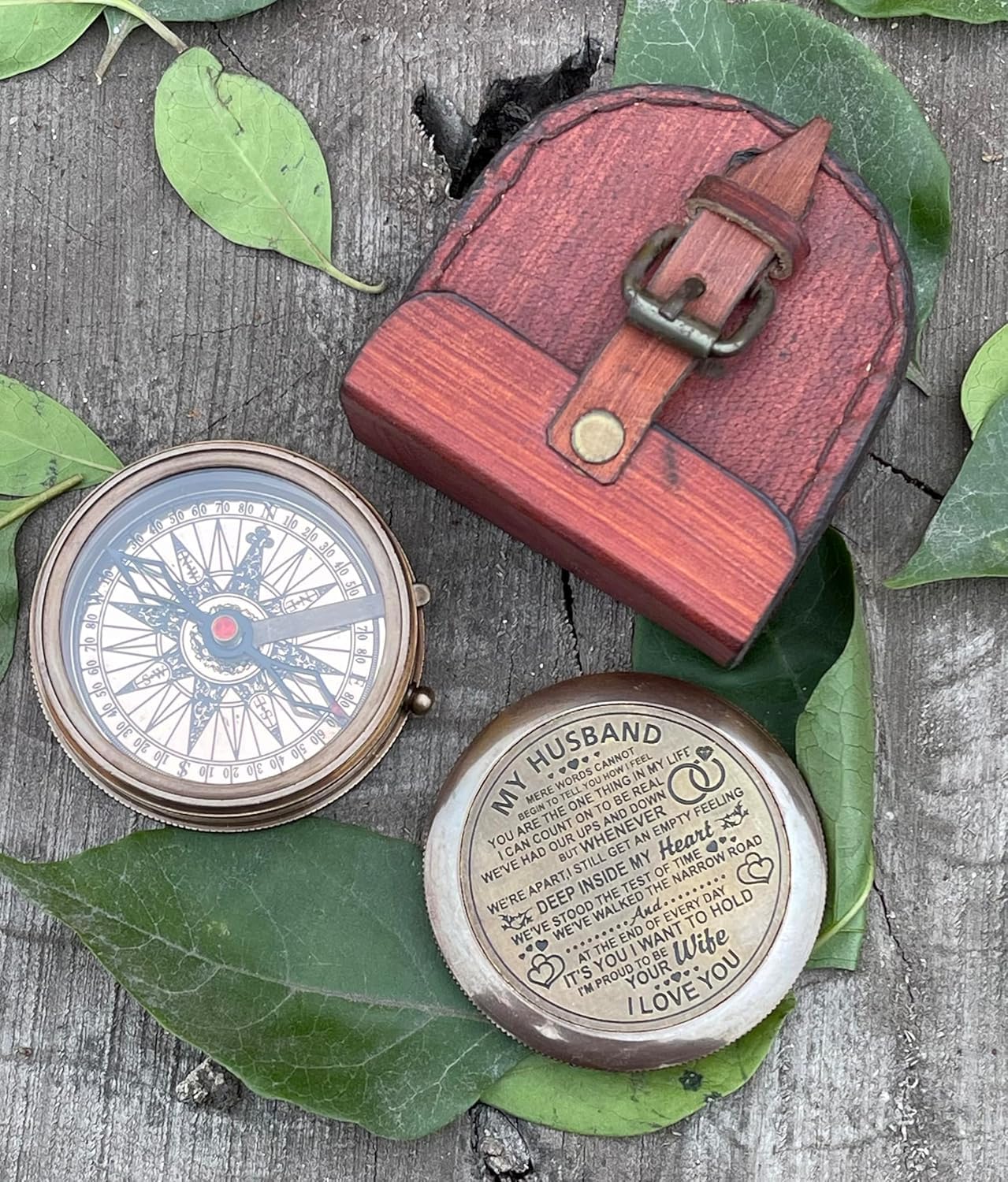 Royalmart Engraved Compass Gift for Men Personalized with Wooden Box Handmade Antique Brass Compass Keepsake Gifts for Husband Navigation Graduation Gift for Women (to My Husband #8)