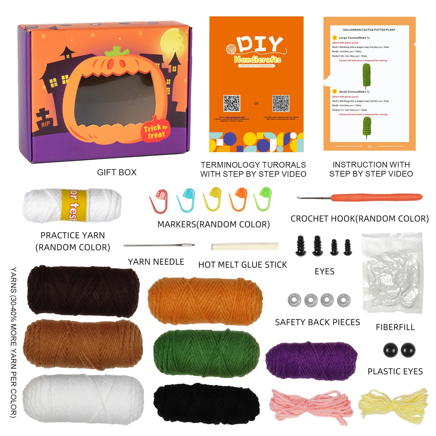 Spearlcable Crochet Kit for Beginners Halloween Crochet Starter Kit DIY Amigurumi Crafts for Adults with Step-by-Step Video Tutorials, DIY Crochet Knitting Kit Halloween Decor