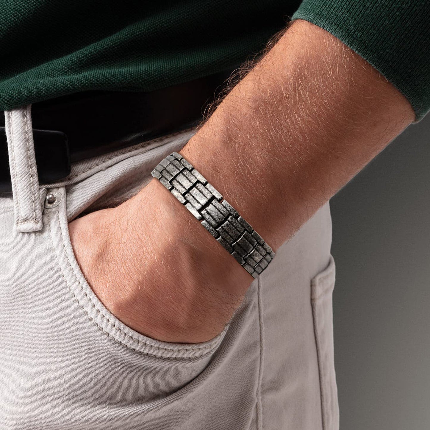 JEROOT Magnetic Bracelets for Men, Pure Titanium Bracelet (3500Gauss Per Magnet), Men's Bracelet Lymphatic Jewelry Gifts（Ancient silver）