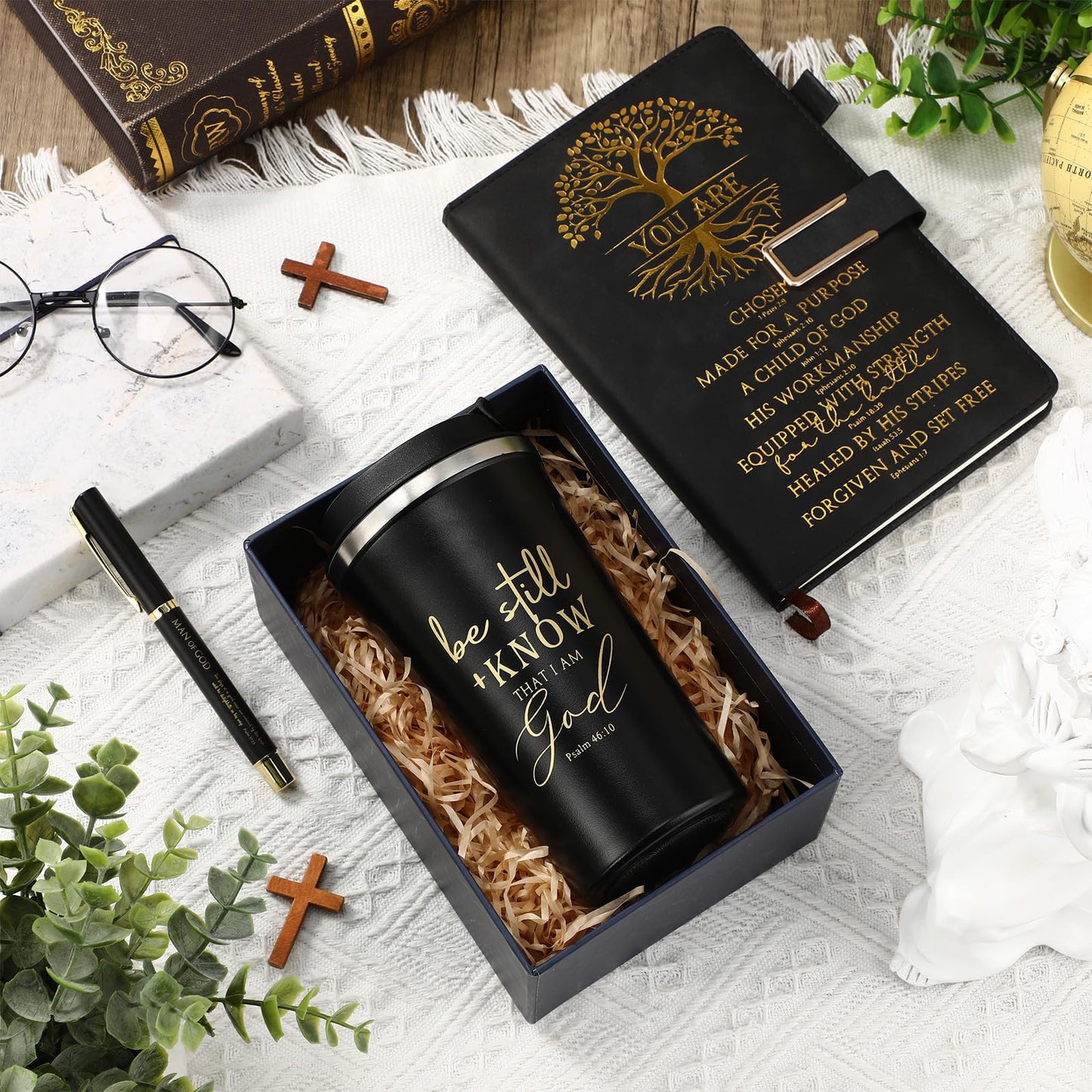 Pickmesh 3Pcs Fathers Day Christian Gift for Men Man of God Prayer Leather Journal with Pen Coffee Cup Bible Study Kit for Graduation Birthday Coworker Pastor Church(Be Still & Know,Black)