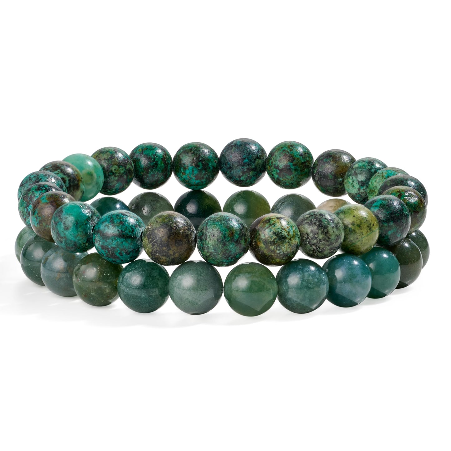 Bivei Natural Gemstone Semi Precious Crystals Handmade Stretchy Round Beads Bracelet, Enhance Positive Energy,Stocking Stuffers for Women(Moss Agate & African Turquoise(Peace & Prosperity) Medium)